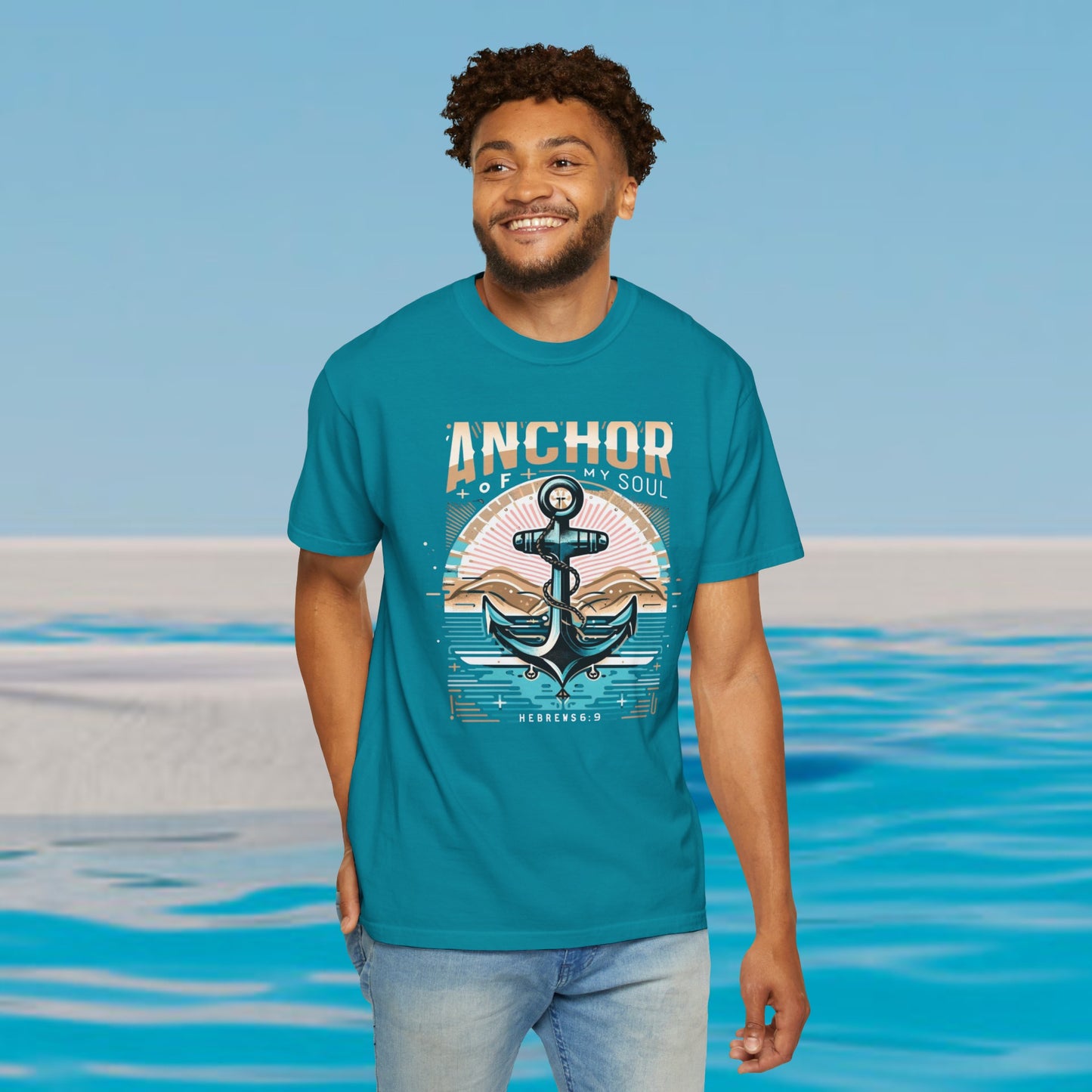 Dynamic "Anchor of My Soul" Christian graphic tee featuring a powerful anchor set against a serene ocean backdrop, perfect for expressing faith and spirituality with a vintage touch.