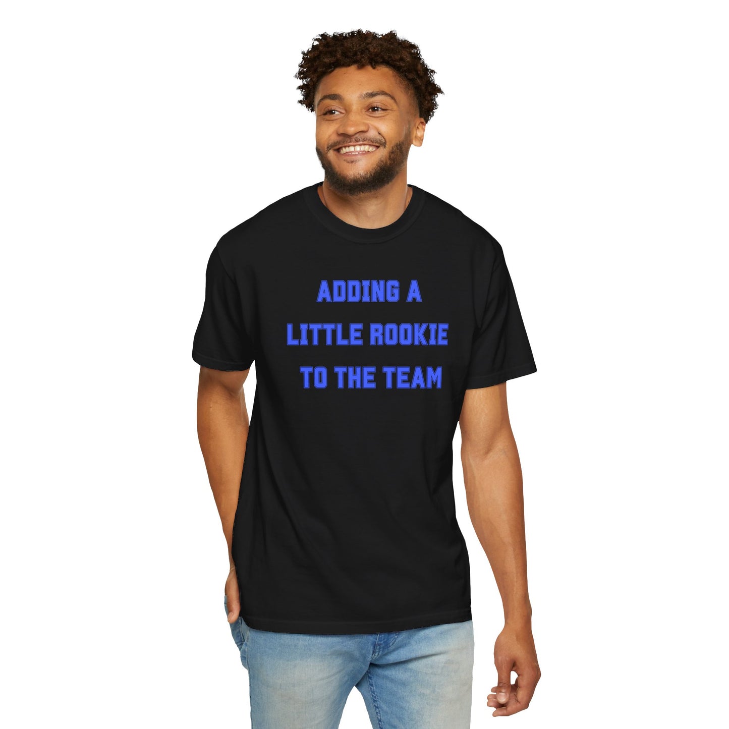 Black t-shirt with the text "Adding a Little Rookie to the Team" in a bold and playful font, available in blue, pink, and white.