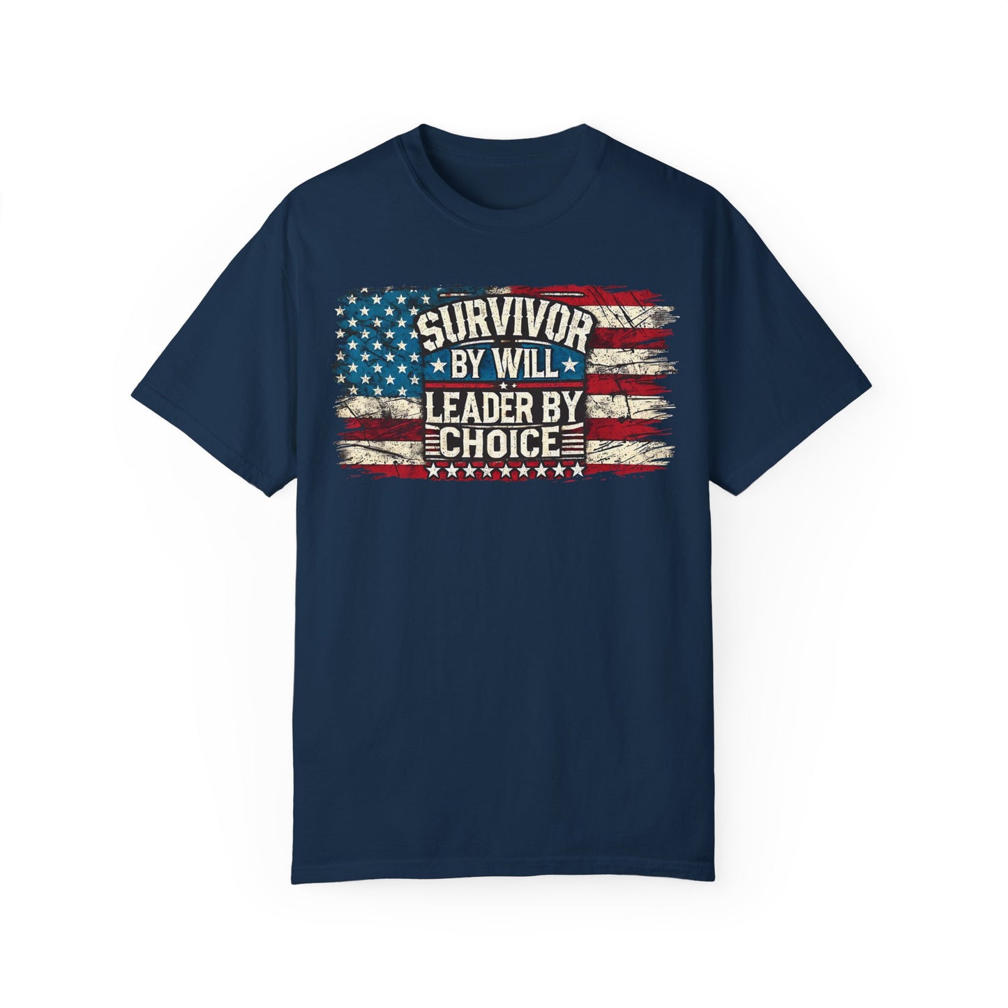 Silenced? Never. t-shirt with a distressed American flag background, featuring bold white text