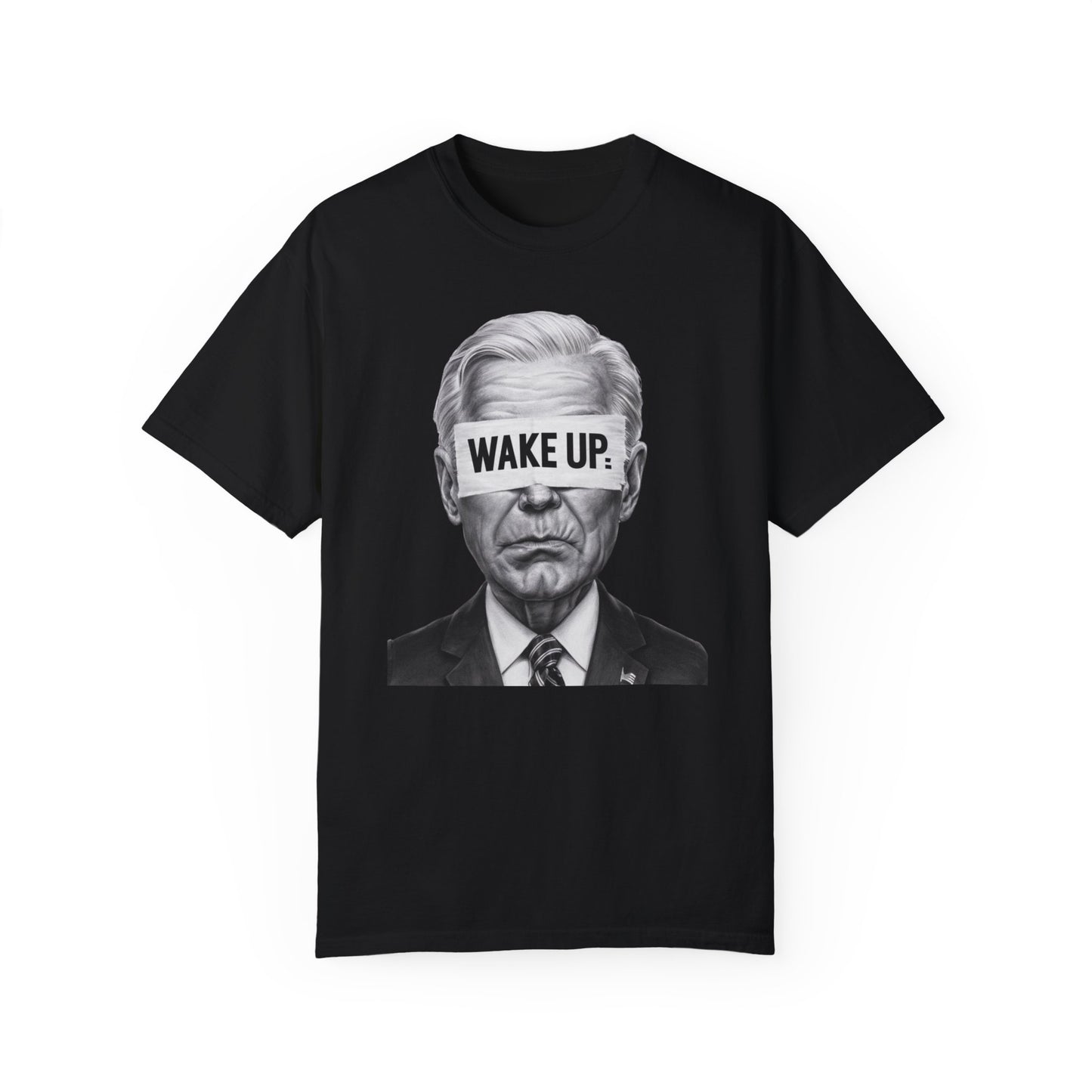 Bold "Wake Up" political t-shirt featuring an image of Joe Biden with "WAKE UP" text across his eyes, perfect for making a strong political statement.