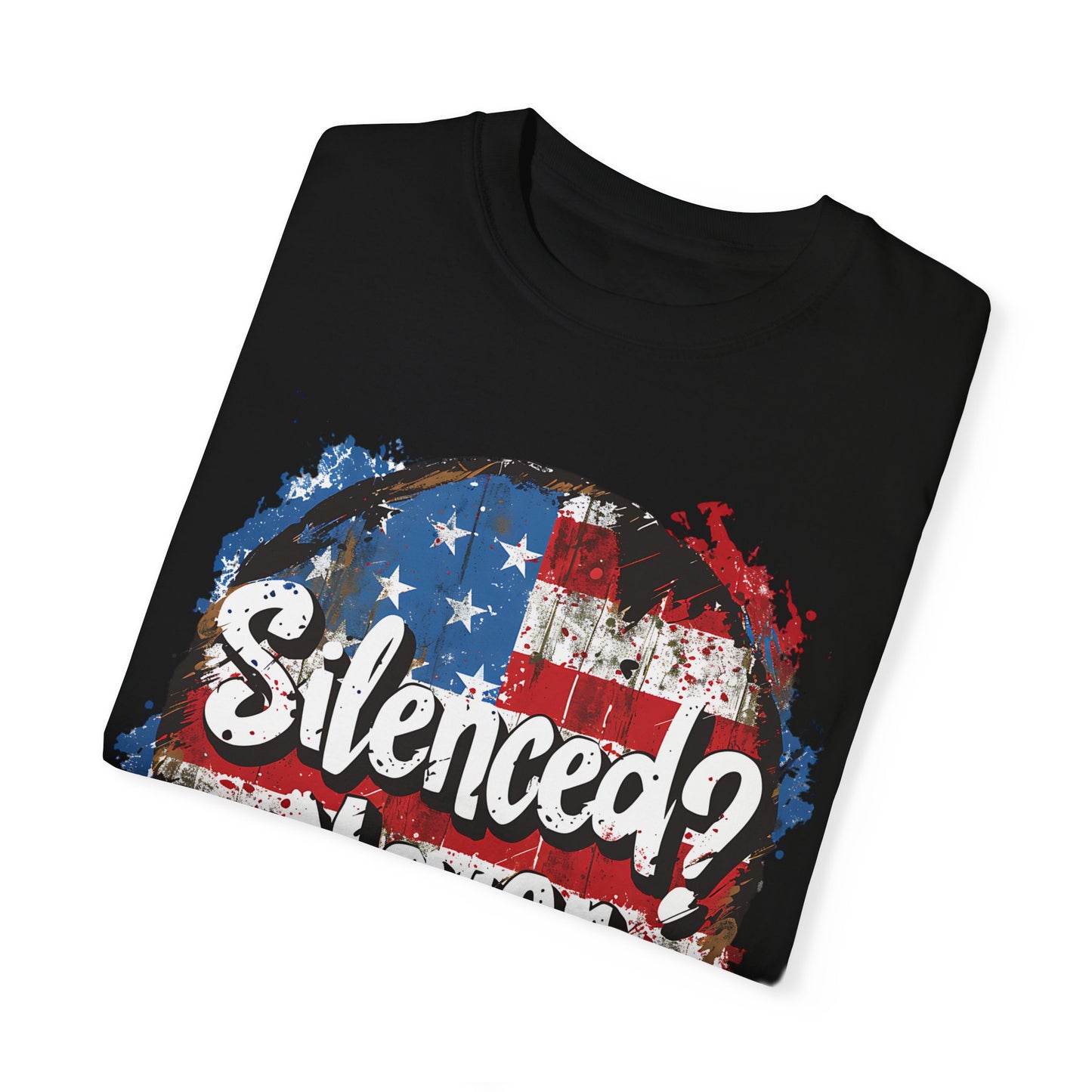 Silenced? Never. Patriotic T-Shirt with Vintage American Flag Design