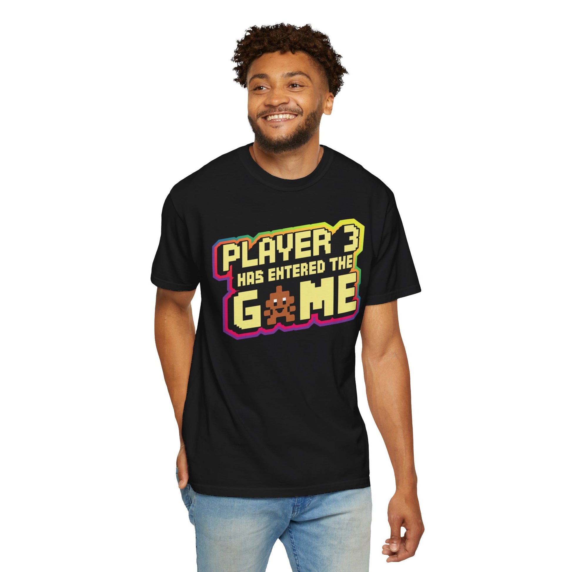 Multi-colored t-shirts featuring the text "Player 3 Has Entered the Game" in a retro gaming design.