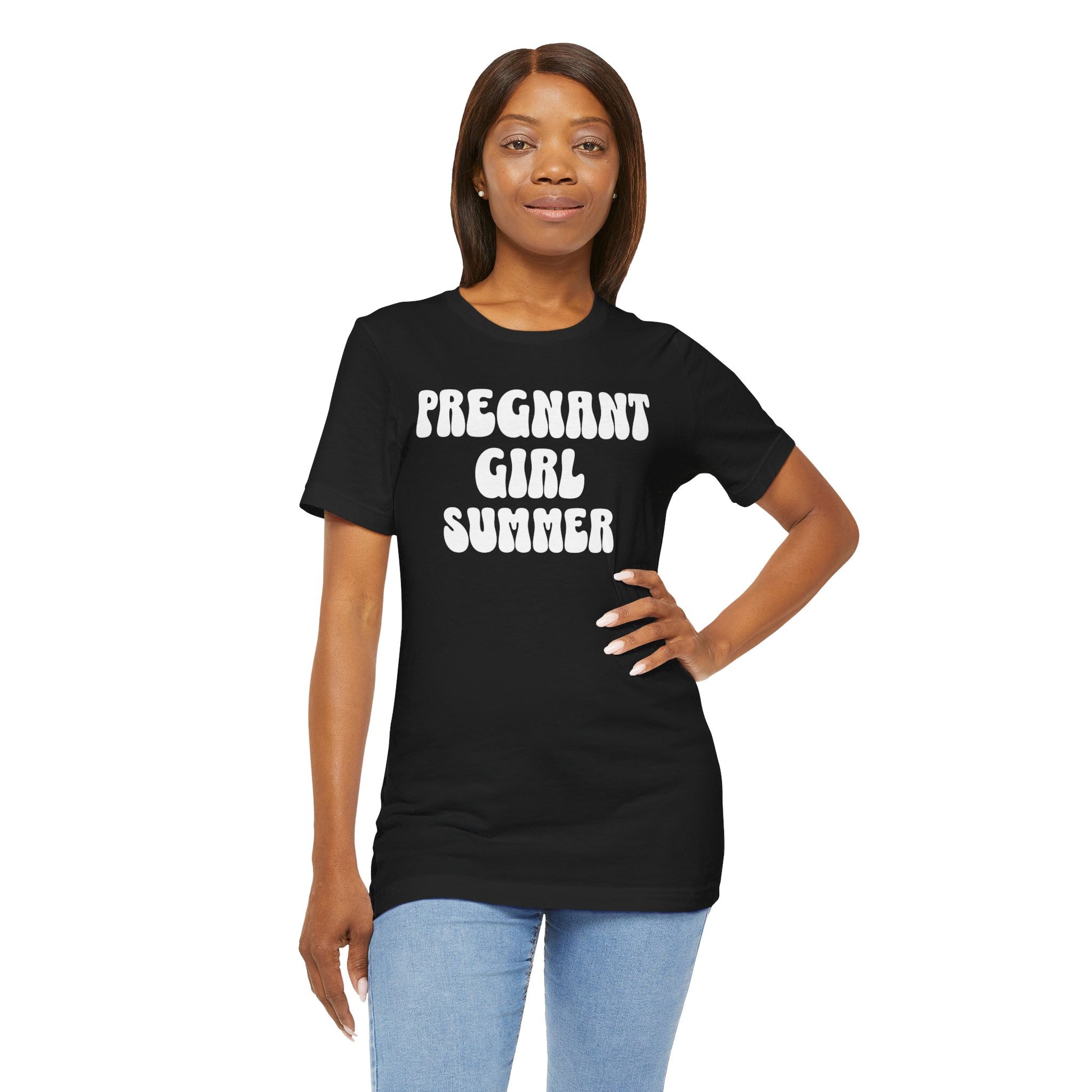 Black t-shirt with "PREGNANT GIRL SUMMER" in bold, playful white text.