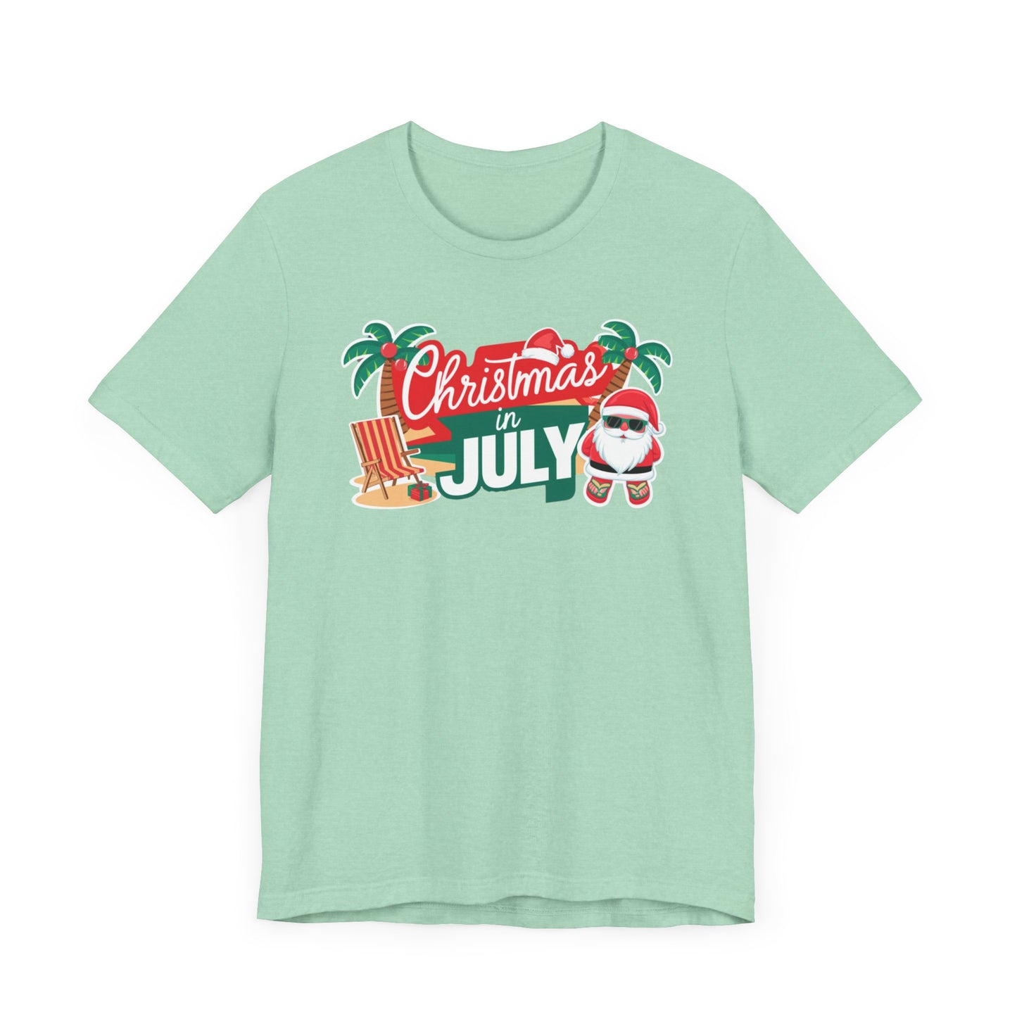 Tropical-themed t-shirts featuring the text "Christmas in July" with festive elements like palm trees, beach chairs, and a Santa.