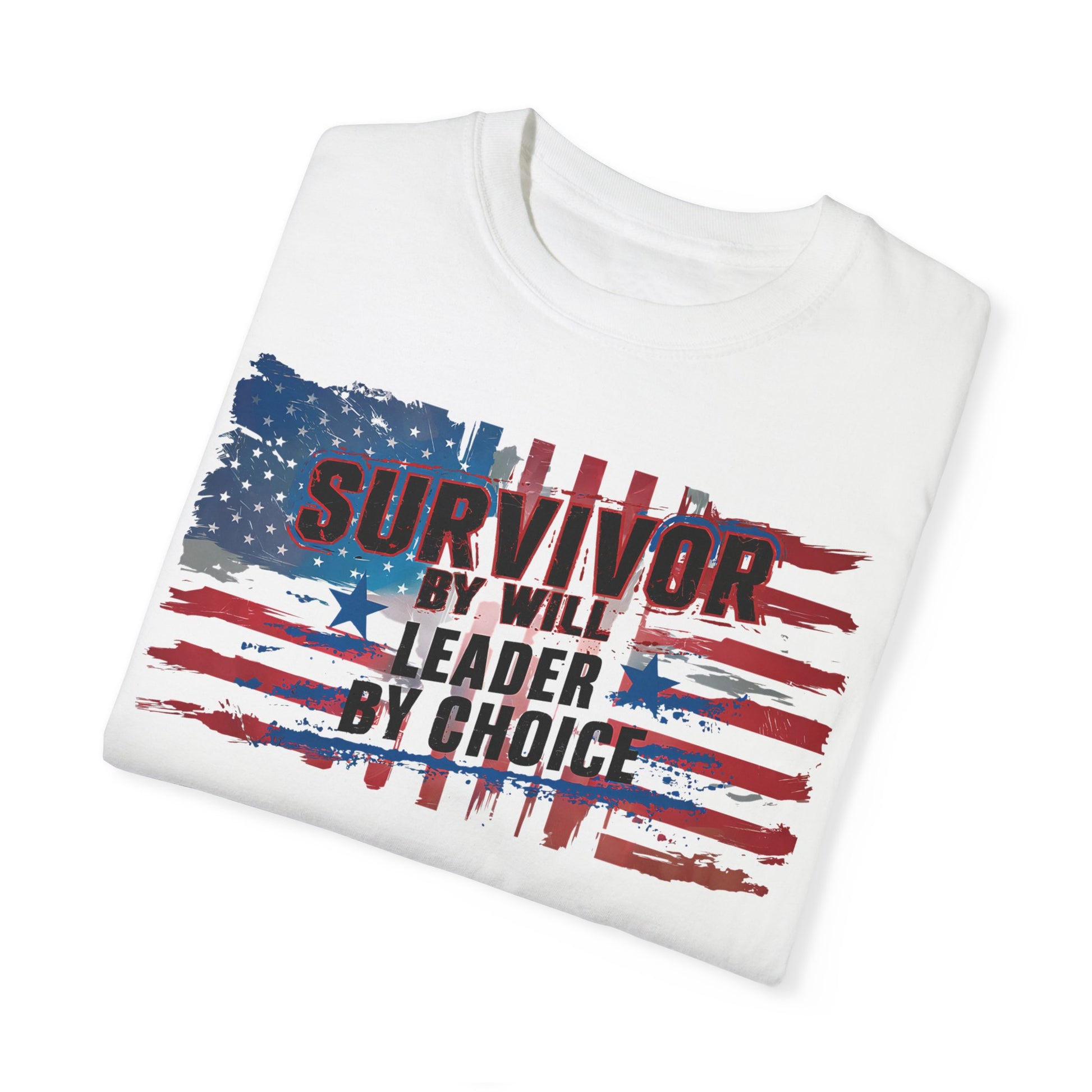 Silenced? Never. t-shirt with a distressed American flag background, featuring bold white text