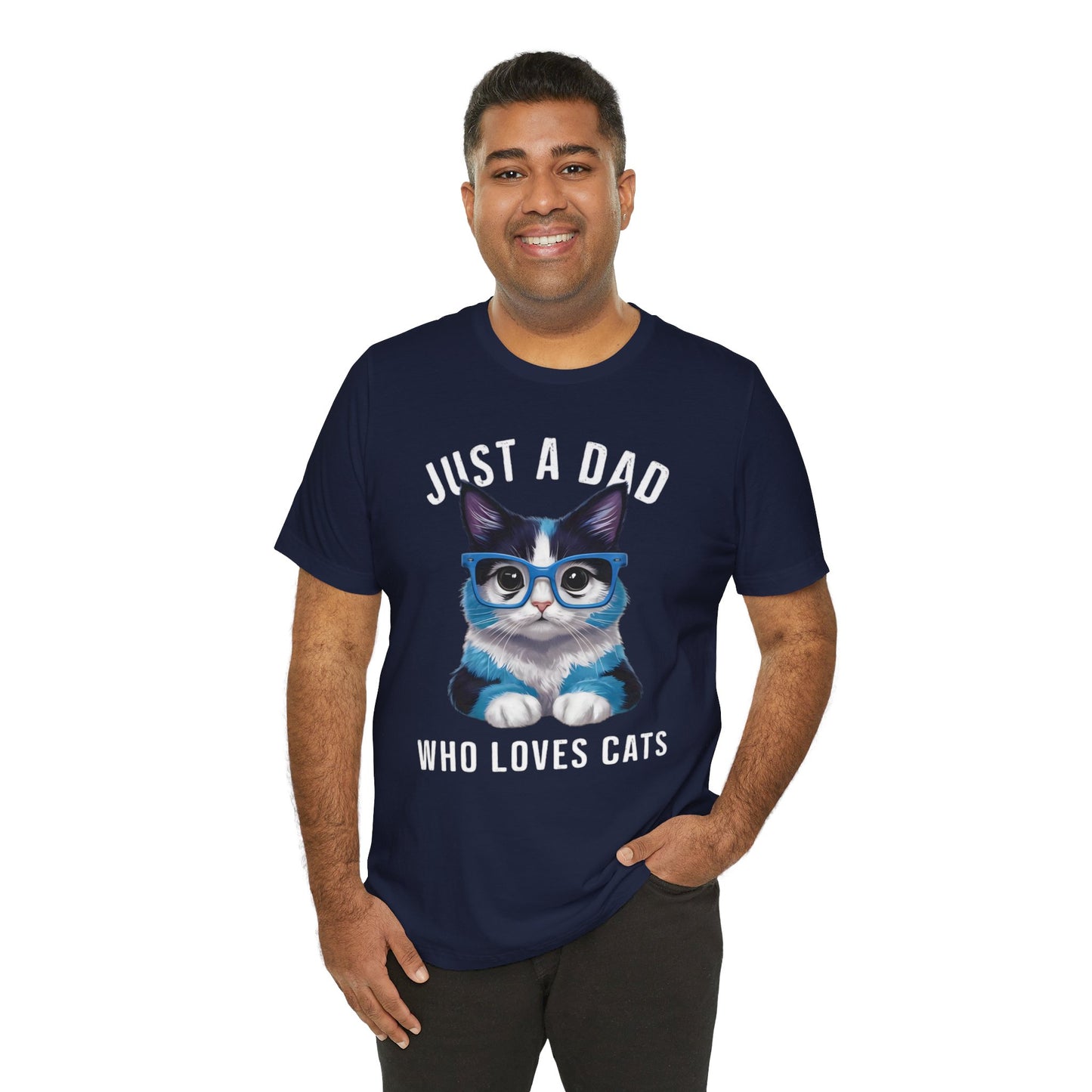 Just a Dad Who Loves Cats t-shirt featuring a cute cat graphic, perfect for dads who love cats.