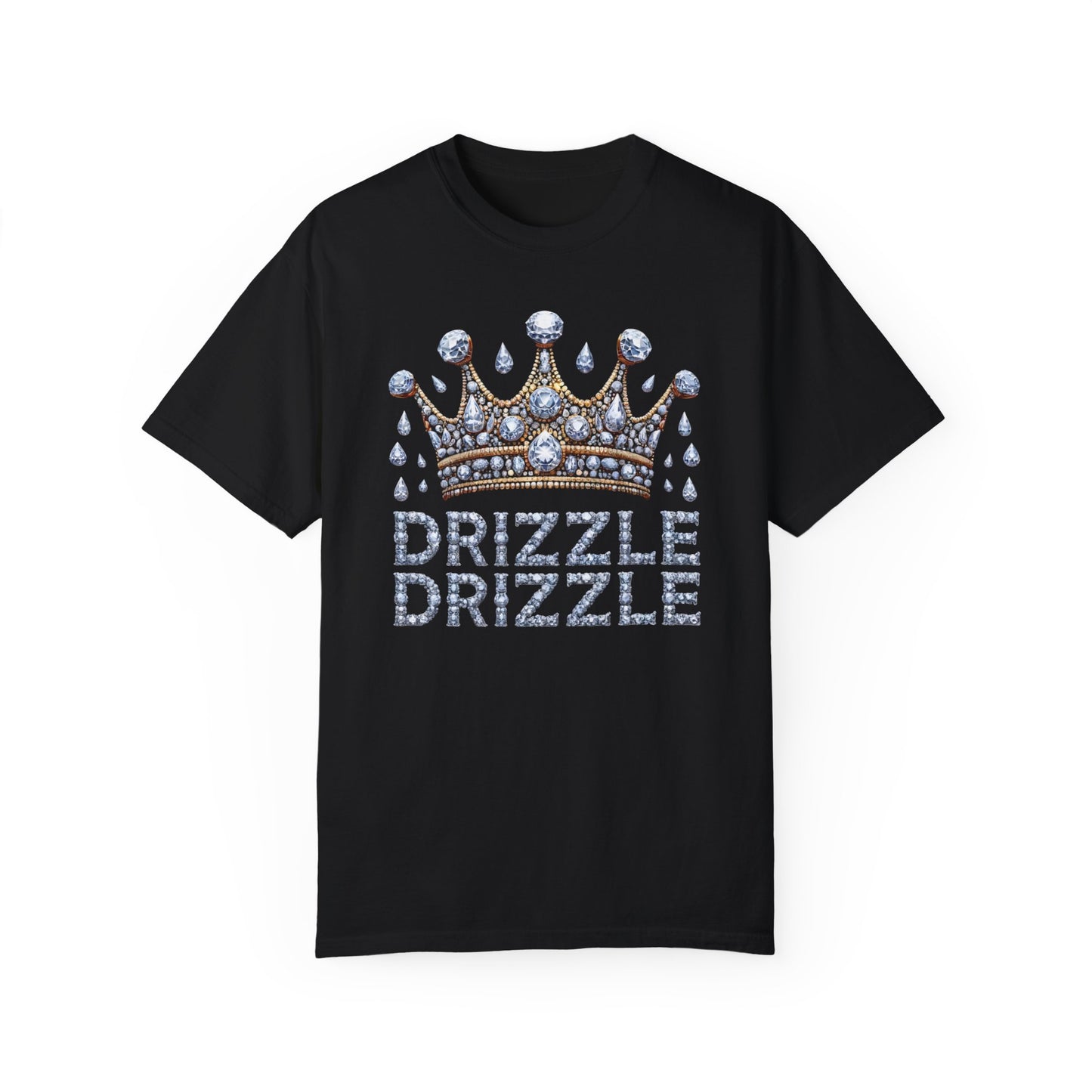 'Drizzle Drizzle' themed t-shirts showcasing a blend of royal crown imagery and modern slang, perfect for a relaxed yet stylish look.