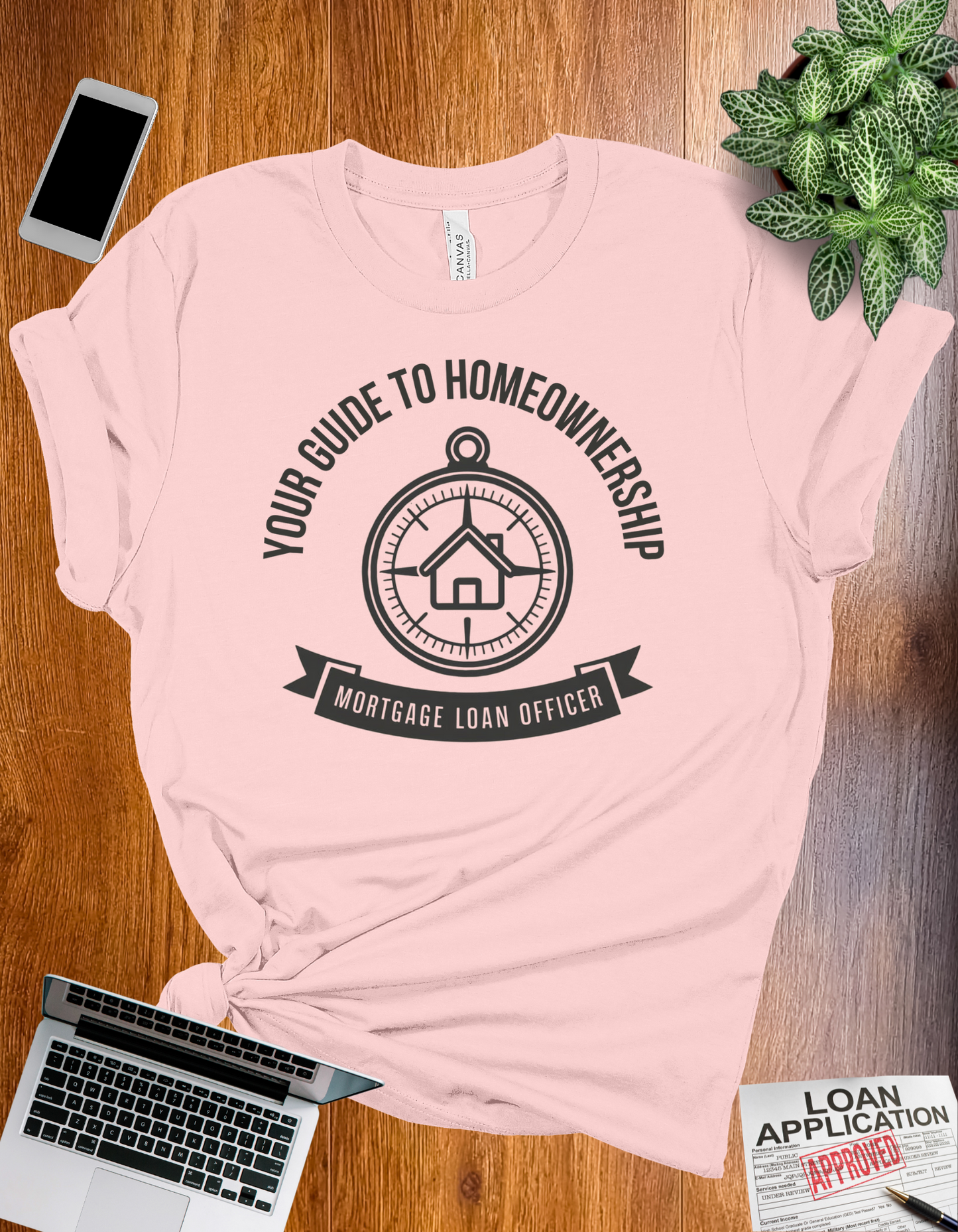 Your Guide to Homeownership t-shirt with a compass design, perfect for mortgage loan officers and real estate professionals.