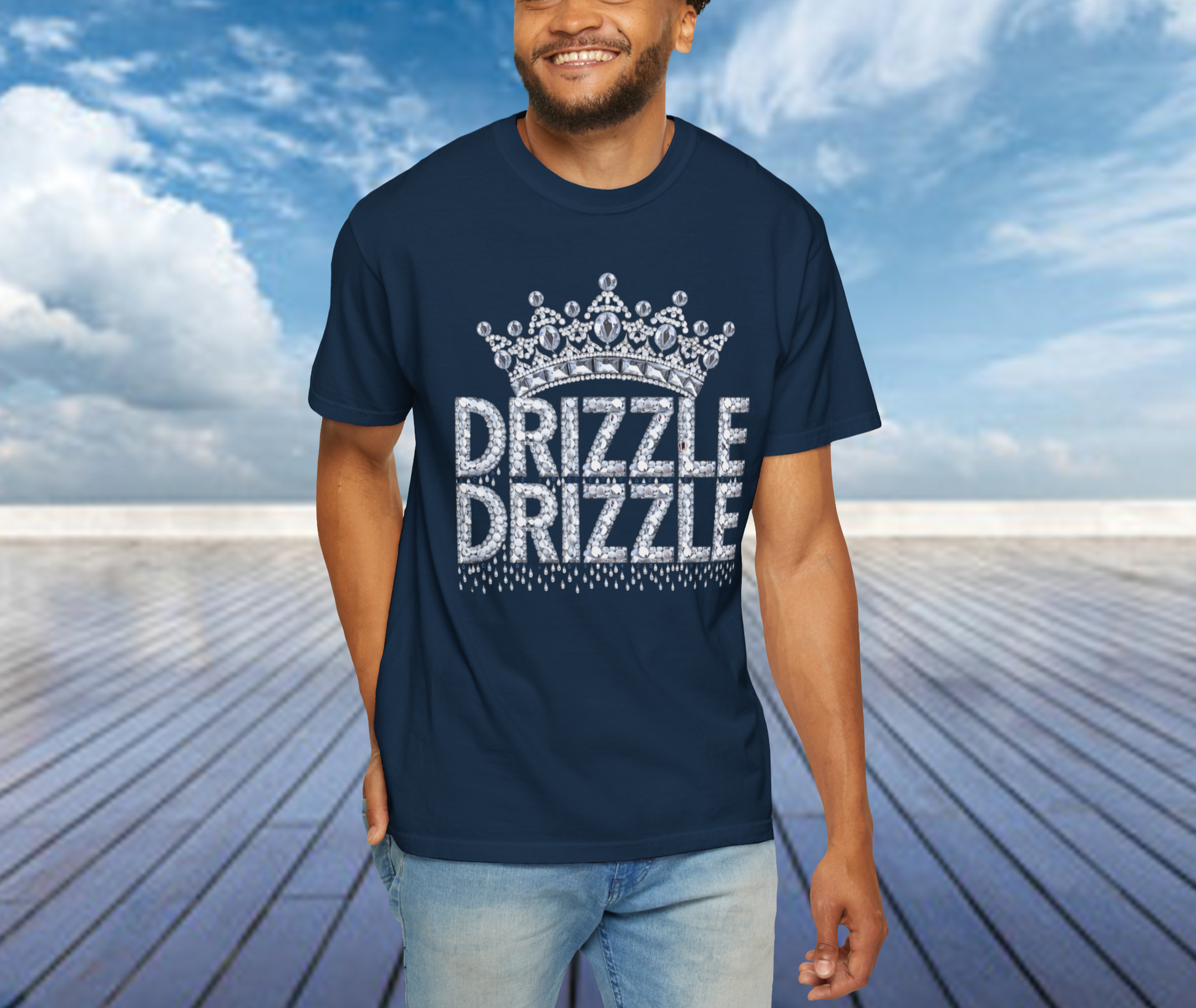 'Drizzle Drizzle' themed t-shirts showcasing a blend of royal crown imagery and modern slang, perfect for a relaxed yet stylish look.