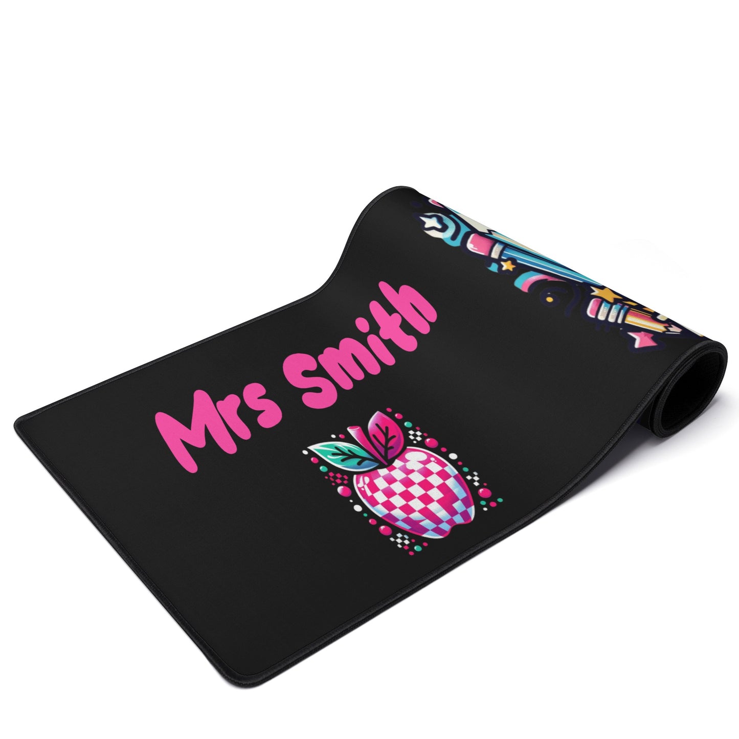 Personalized "Mrs. Smith" teacher desk mat in bright, cheerful colors.