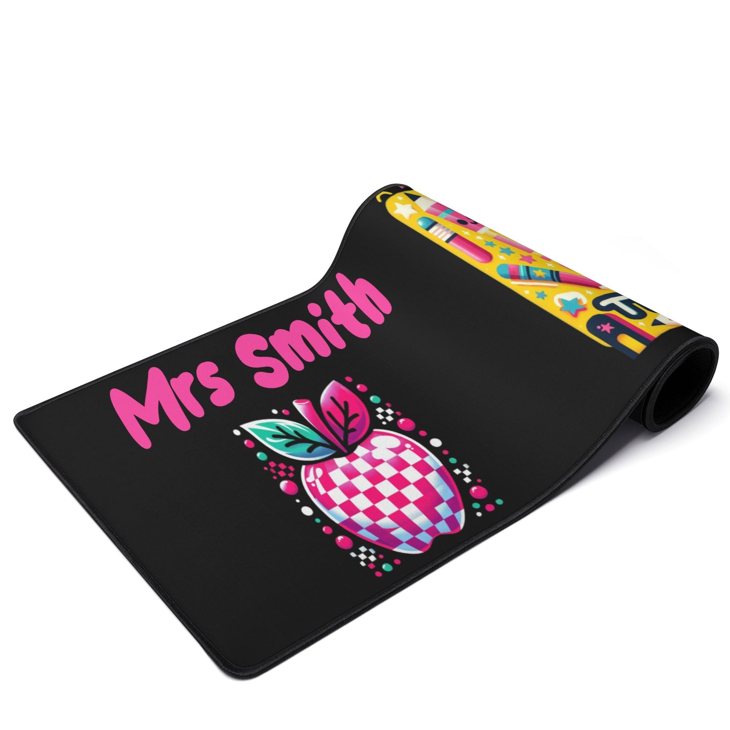 Personalized "Mrs. Smith" teacher desk mat in bright, cheerful colors.