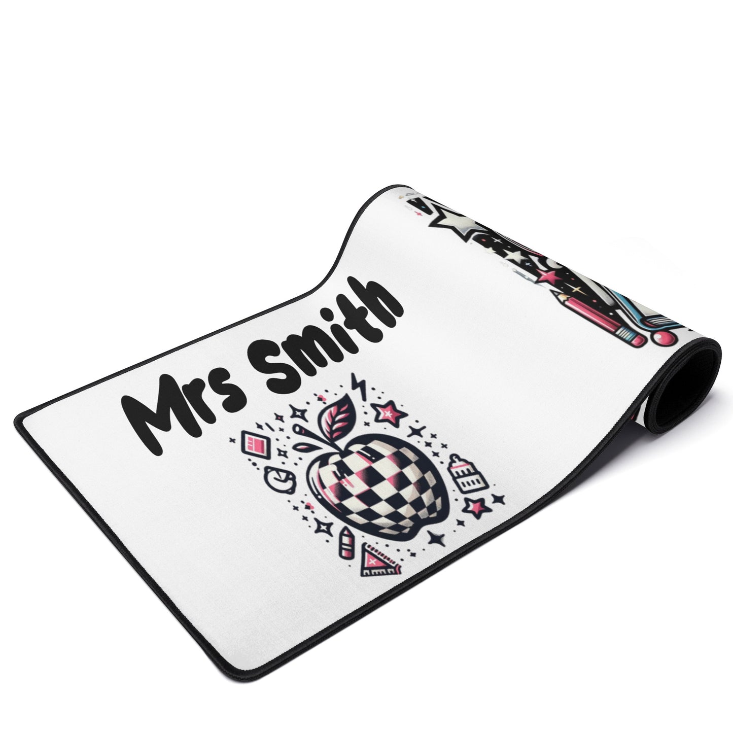 Personalized "Mrs. Smith" teacher desk mat in bright, cheerful colors.