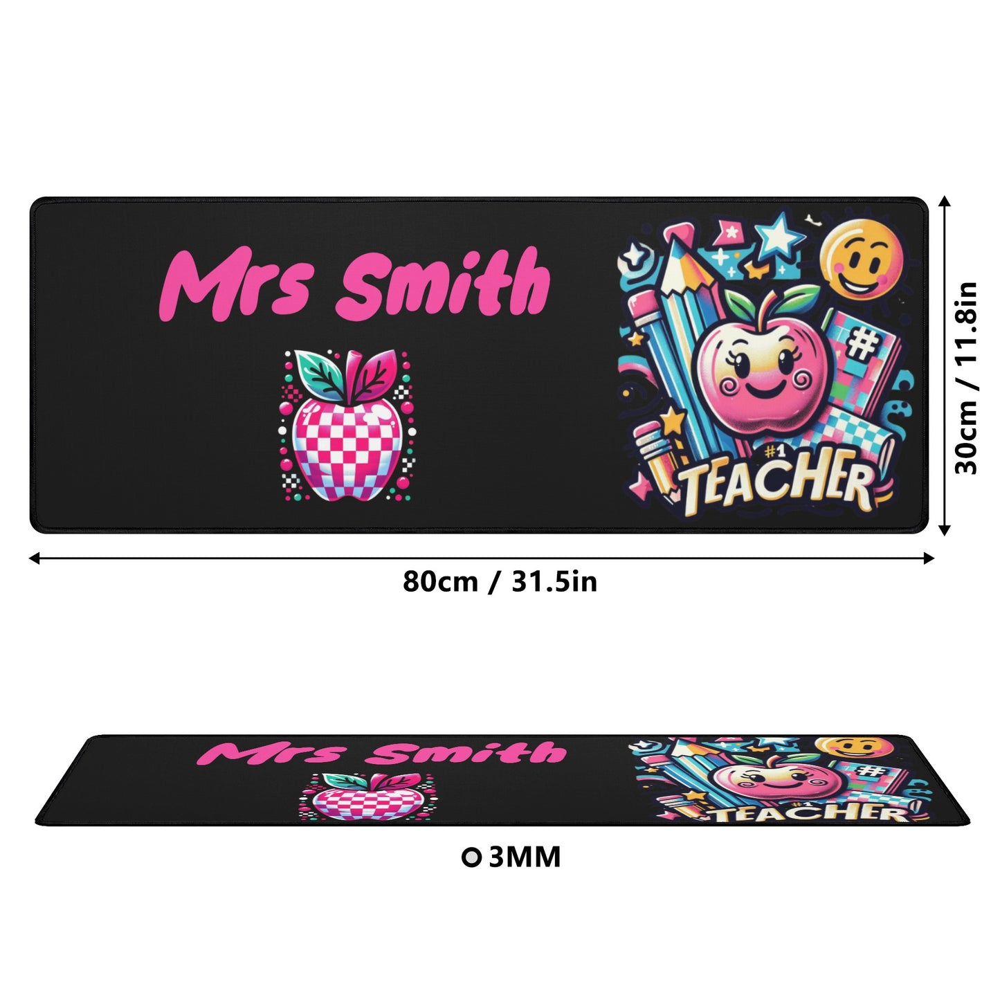 Personalized "Mrs. Smith" teacher desk mat in bright, cheerful colors.