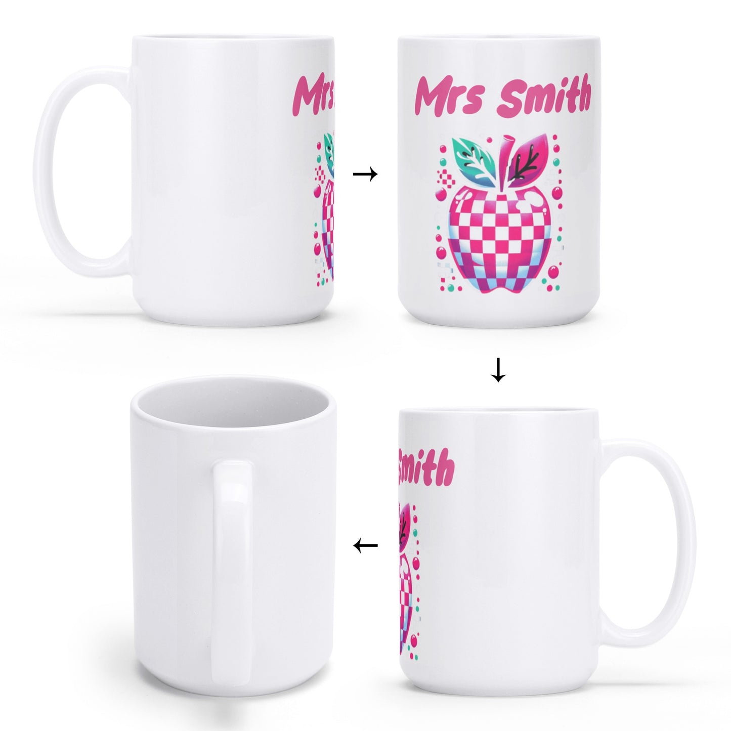 Personalized "Mrs. Smith" teacher mug with a motivational quote for a perfect start to the day.