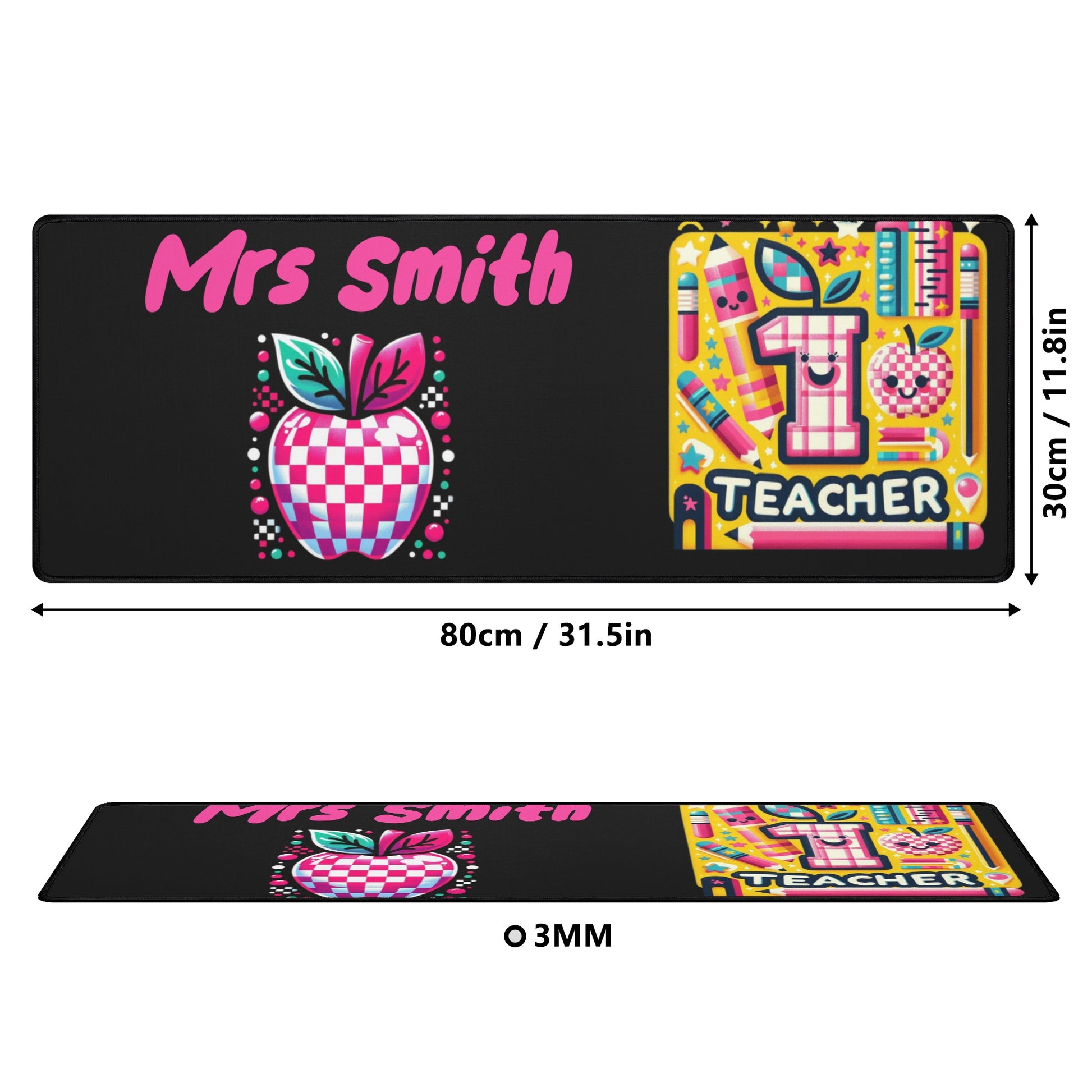 Personalized "Mrs. Smith" teacher desk mat in bright, cheerful colors.