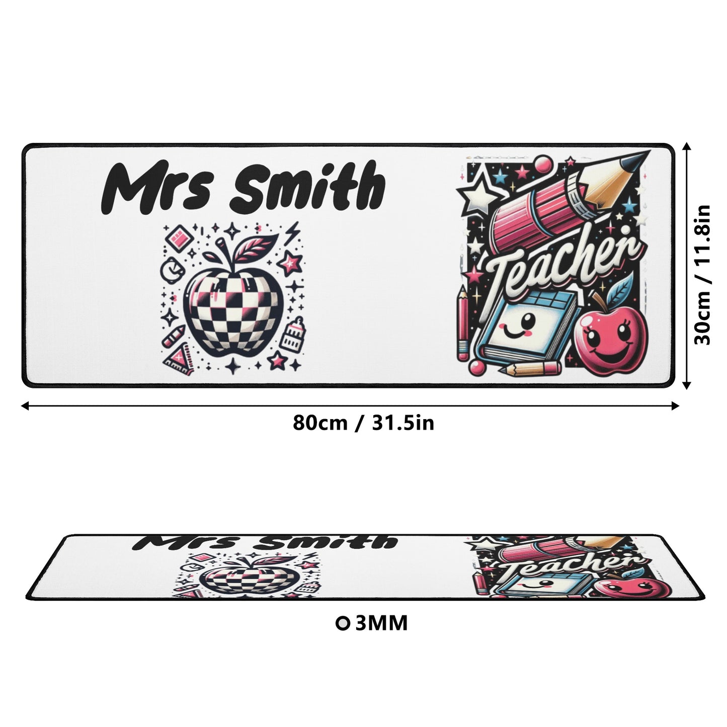 Personalized "Mrs. Smith" teacher desk mat in bright, cheerful colors.