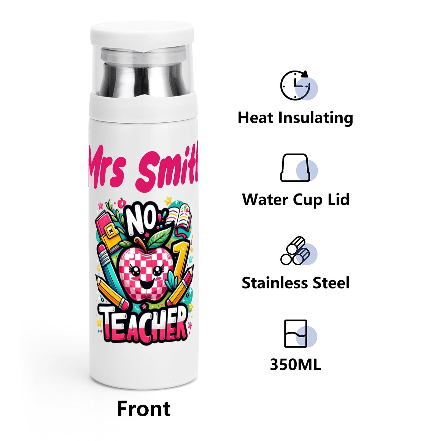 Personalized water or coffee bottle for Mrs. Smith with an inspirational teacher-themed design.