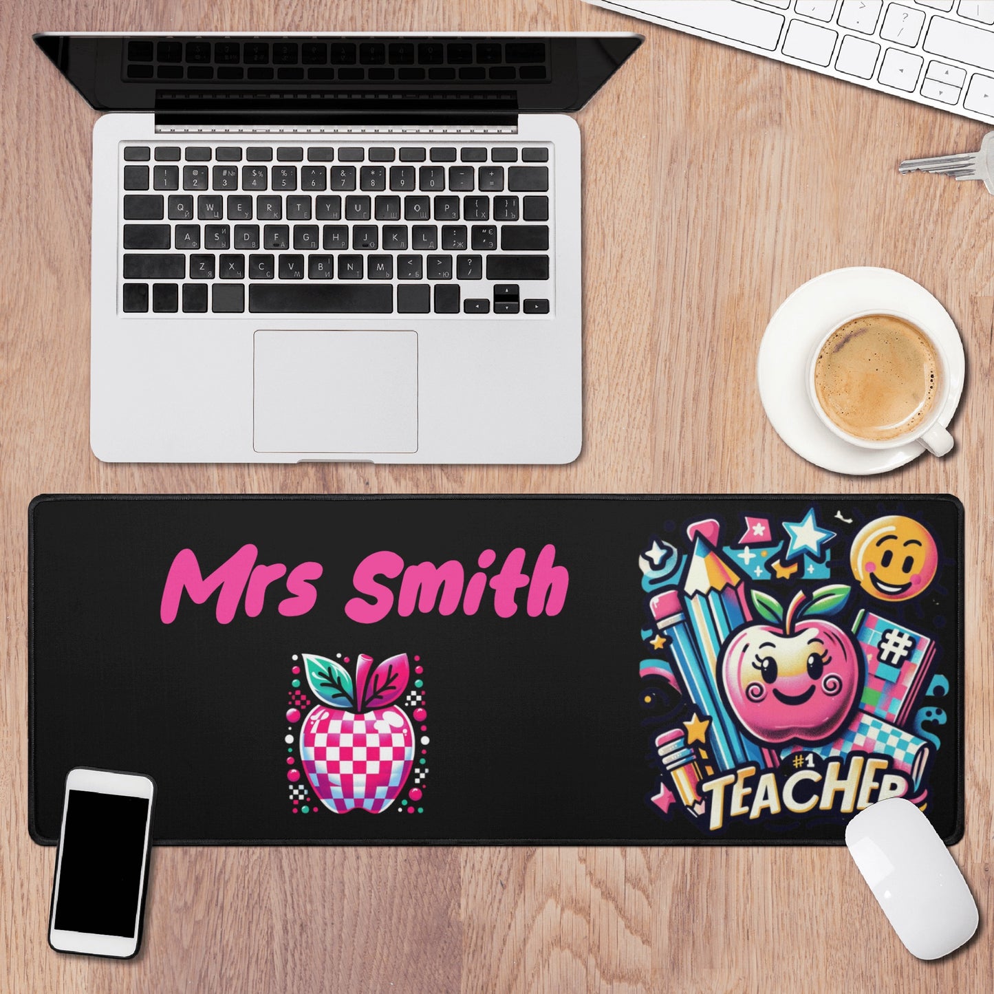 Personalized "Mrs. Smith" teacher desk mat in bright, cheerful colors.