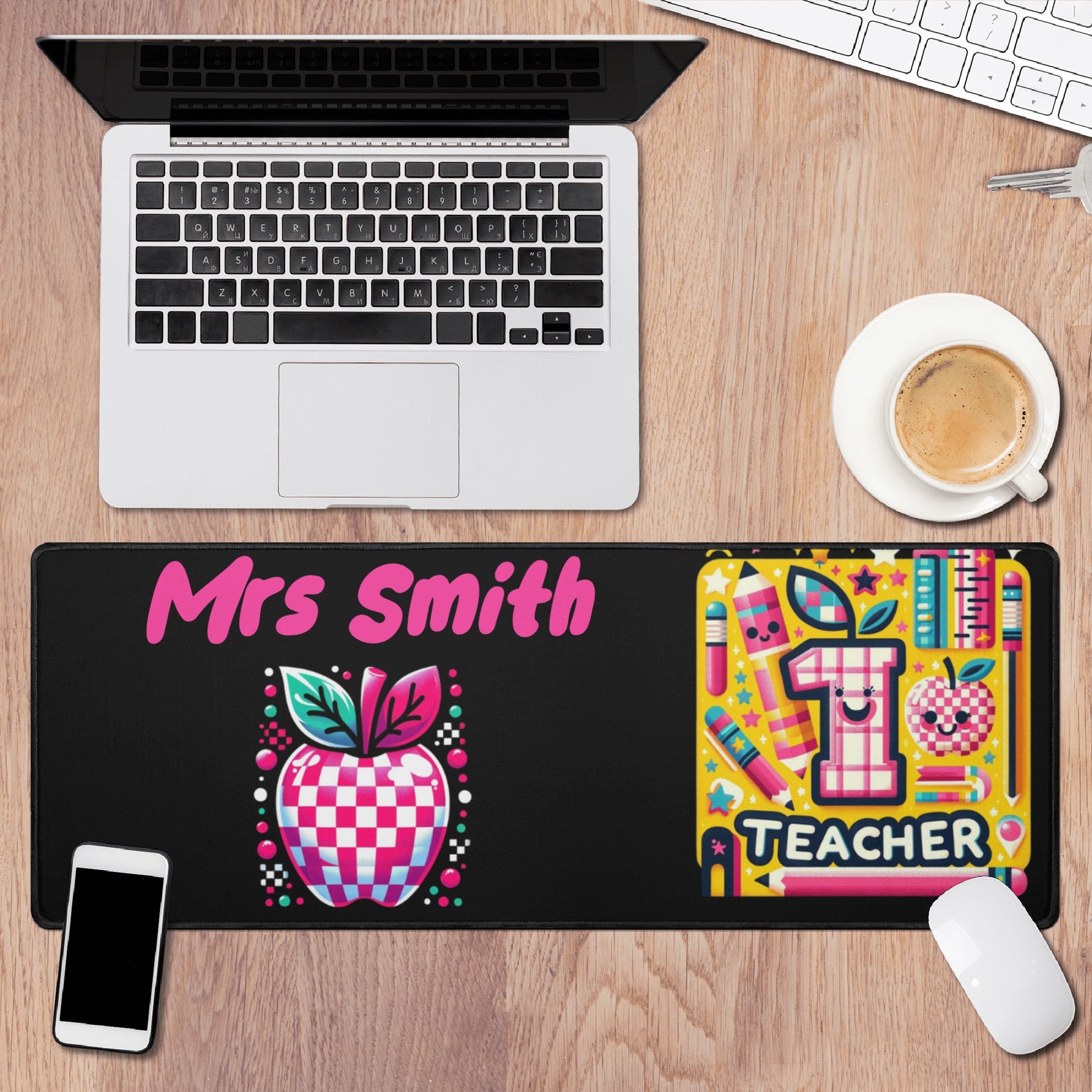 Personalized "Mrs. Smith" teacher desk mat in bright, cheerful colors.