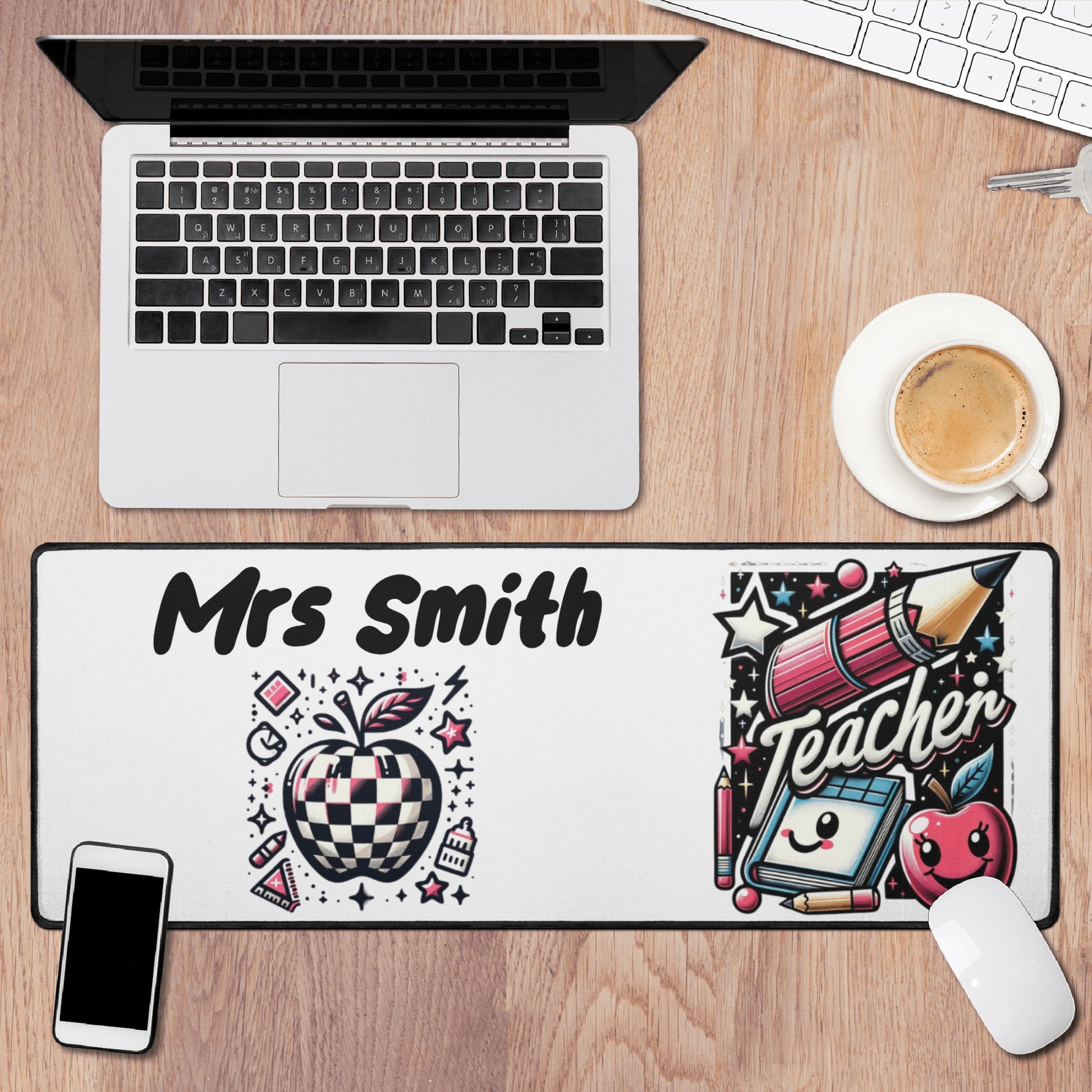 Personalized "Mrs. Smith" teacher desk mat in bright, cheerful colors.