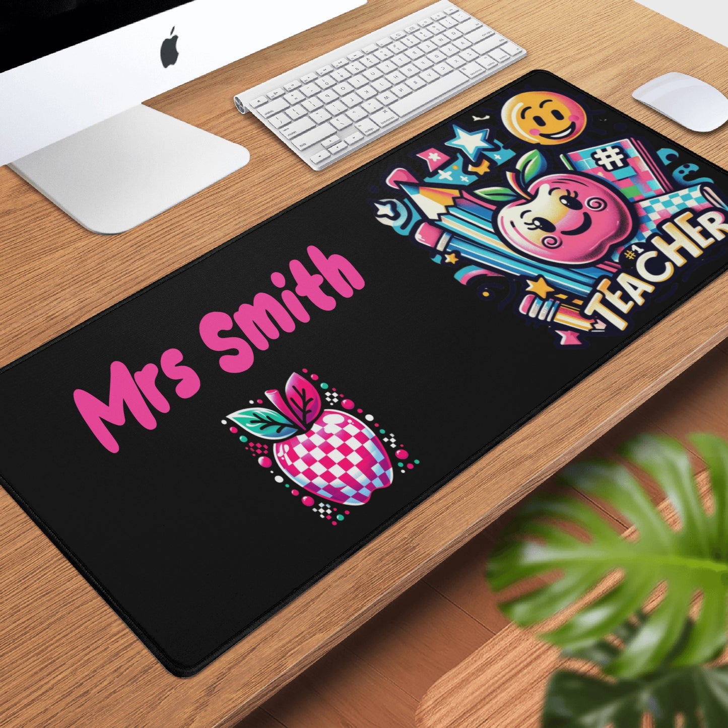 Personalized "Mrs. Smith" teacher desk mat in bright, cheerful colors.