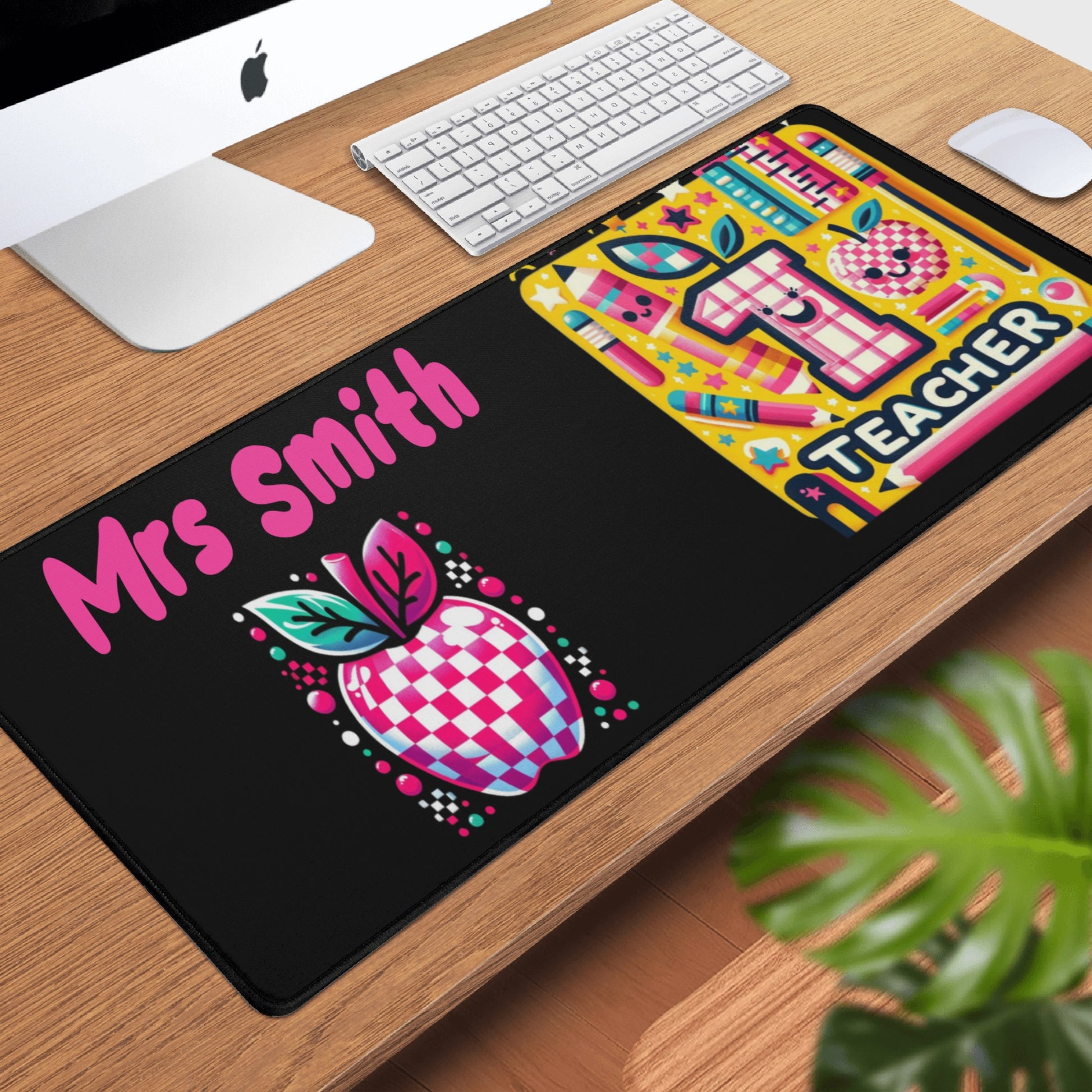 Personalized "Mrs. Smith" teacher desk mat in bright, cheerful colors.