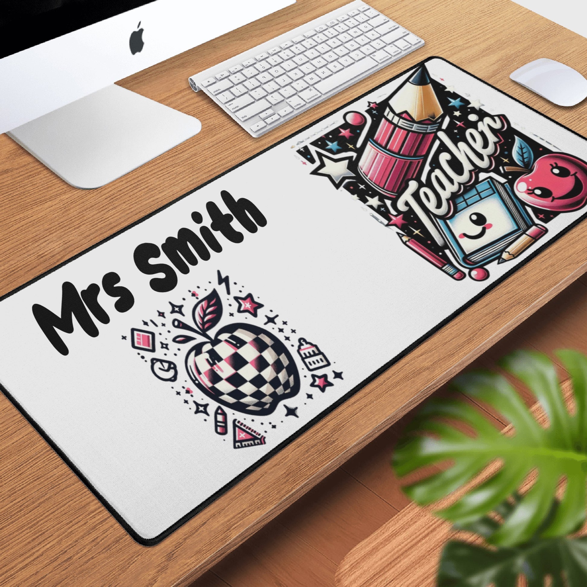 Personalized "Mrs. Smith" teacher desk mat in bright, cheerful colors.