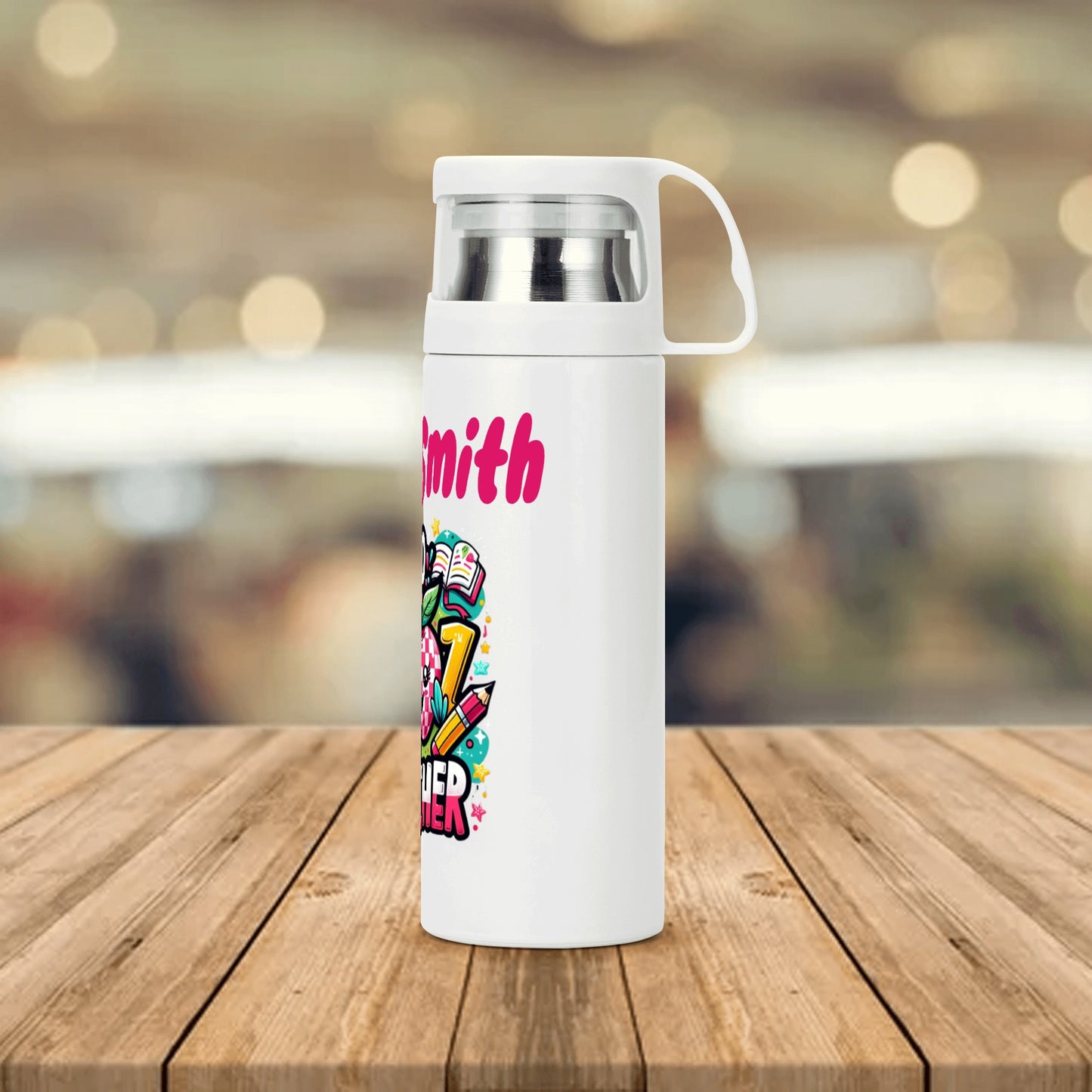 Personalized water or coffee bottle for Mrs. Smith with an inspirational teacher-themed design.