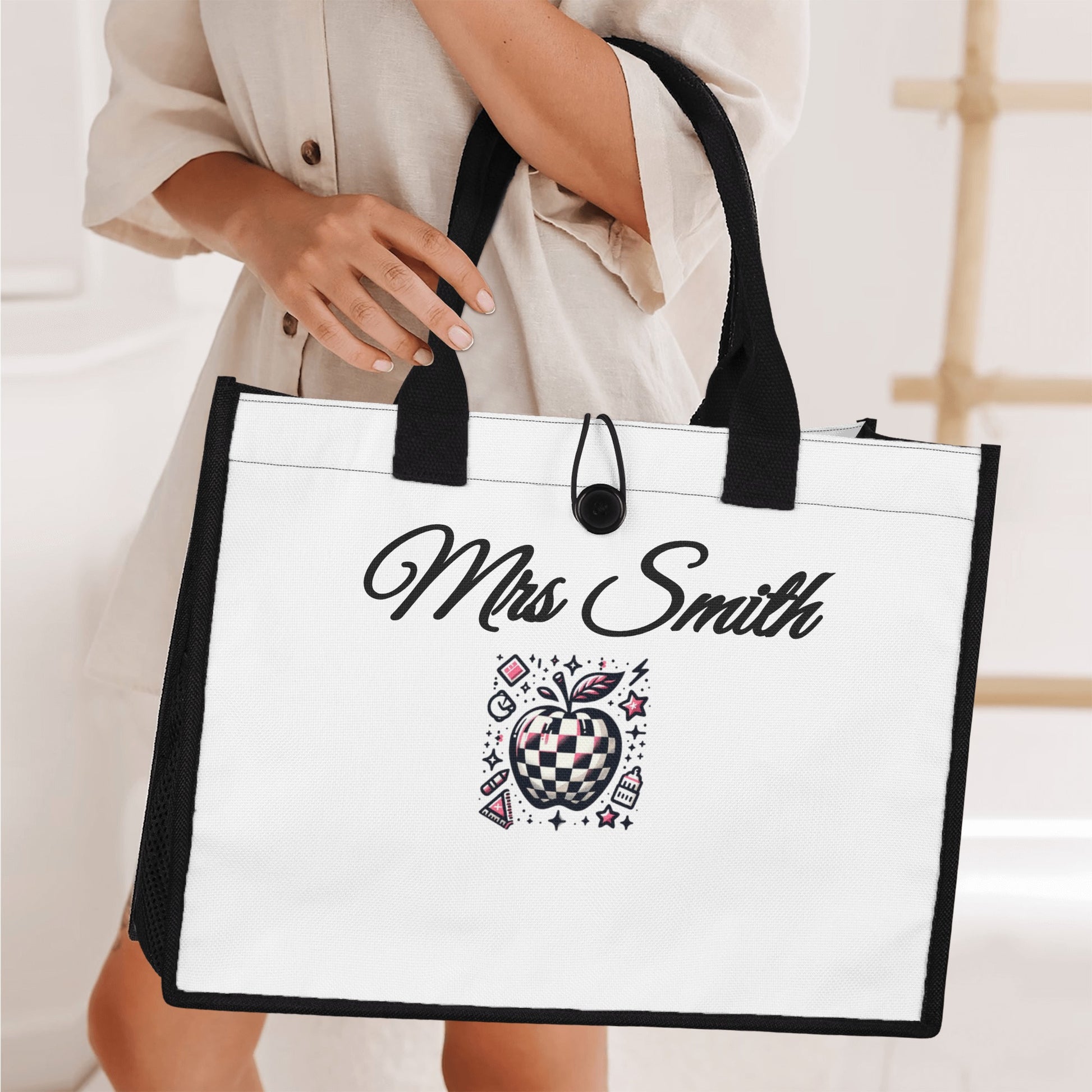 Mrs. Smith" deluxe teacher tote bag – a stylish and organized way to carry teaching essentials.