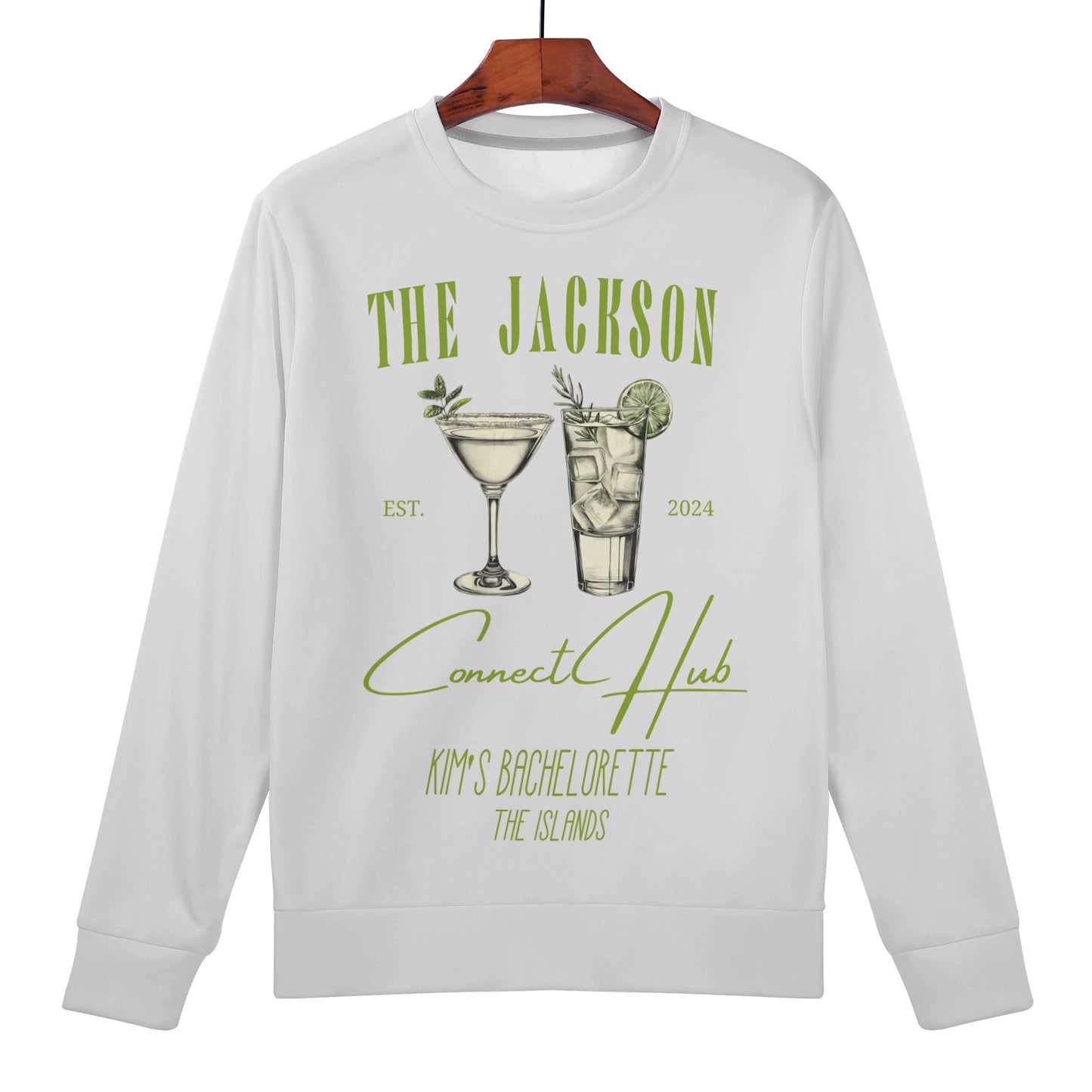 Custom bride squad crewneck for tropical and beach bachelorette parties, with a bespoke palm design and personalization options for a one-of-a-kind destination celebration.