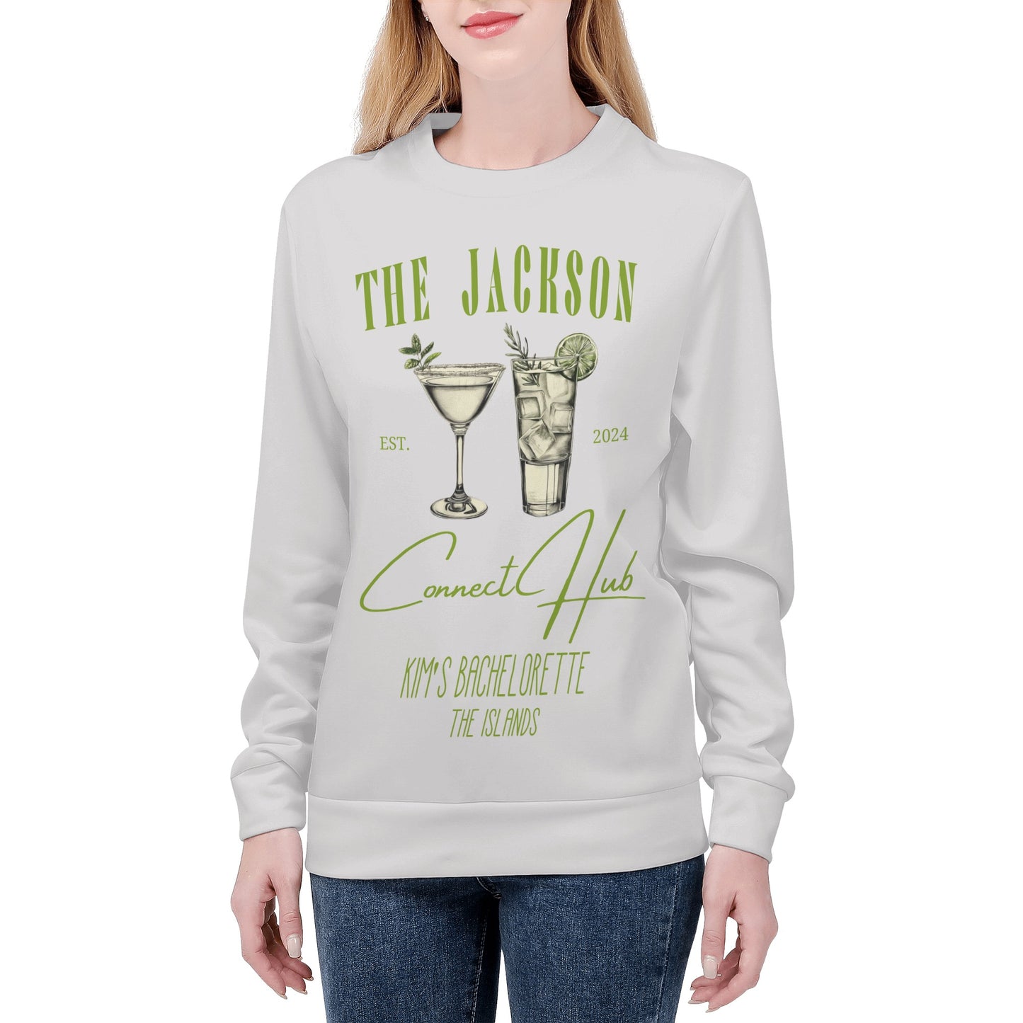 Custom bride squad crewneck for tropical and beach bachelorette parties, with a bespoke palm design and personalization options for a one-of-a-kind destination celebration.