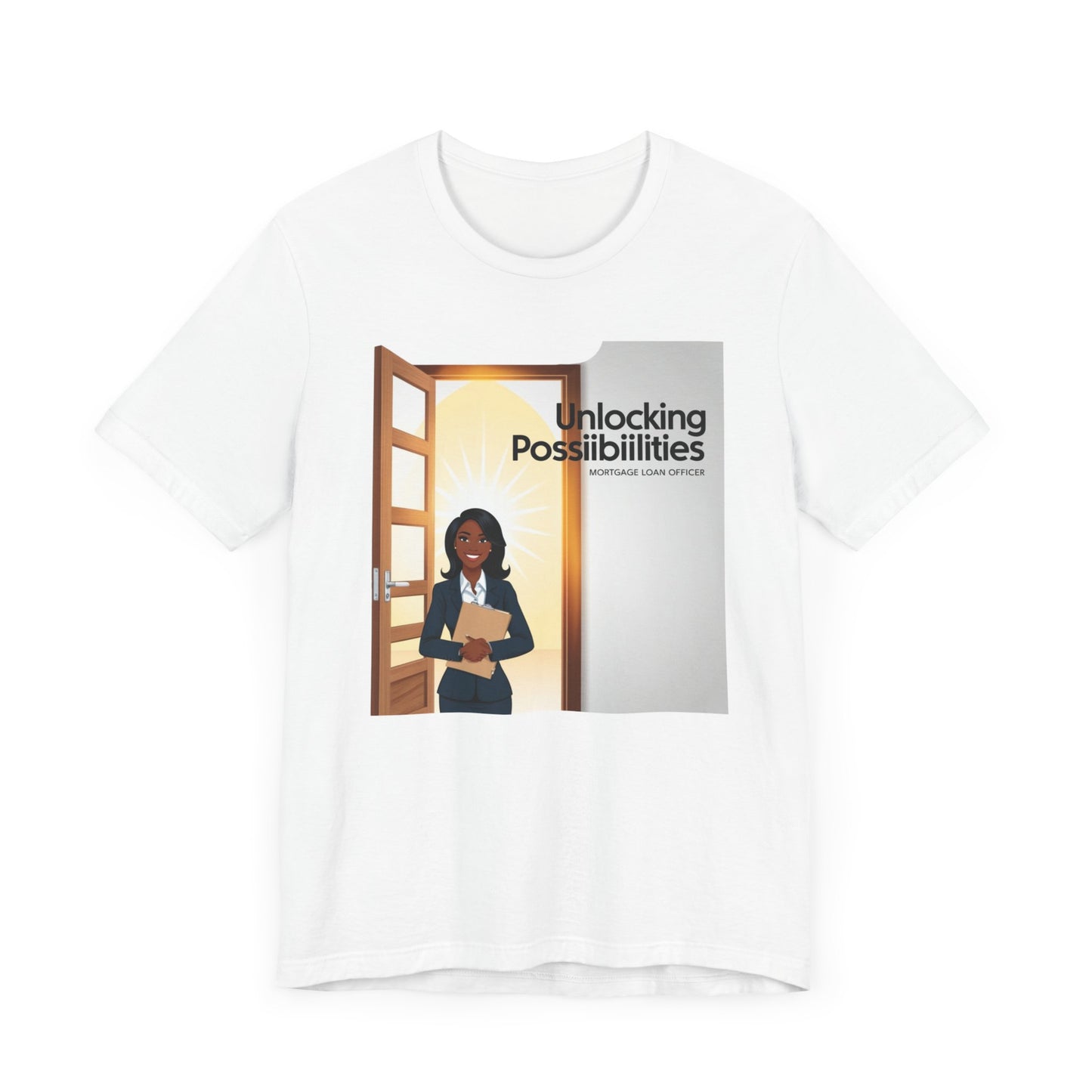 Unlocking Possibilities t-shirt with a motivational design, perfect for mortgage loan officers and real estate professionals.