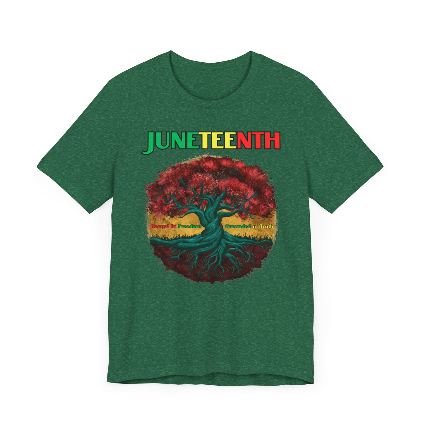 Vibrant Juneteenth Celebration Shirt featuring a powerful tree design symbolizing growth and resilience, with the word "Juneteenth" in bold colors, perfect for celebrating freedom and Black history.