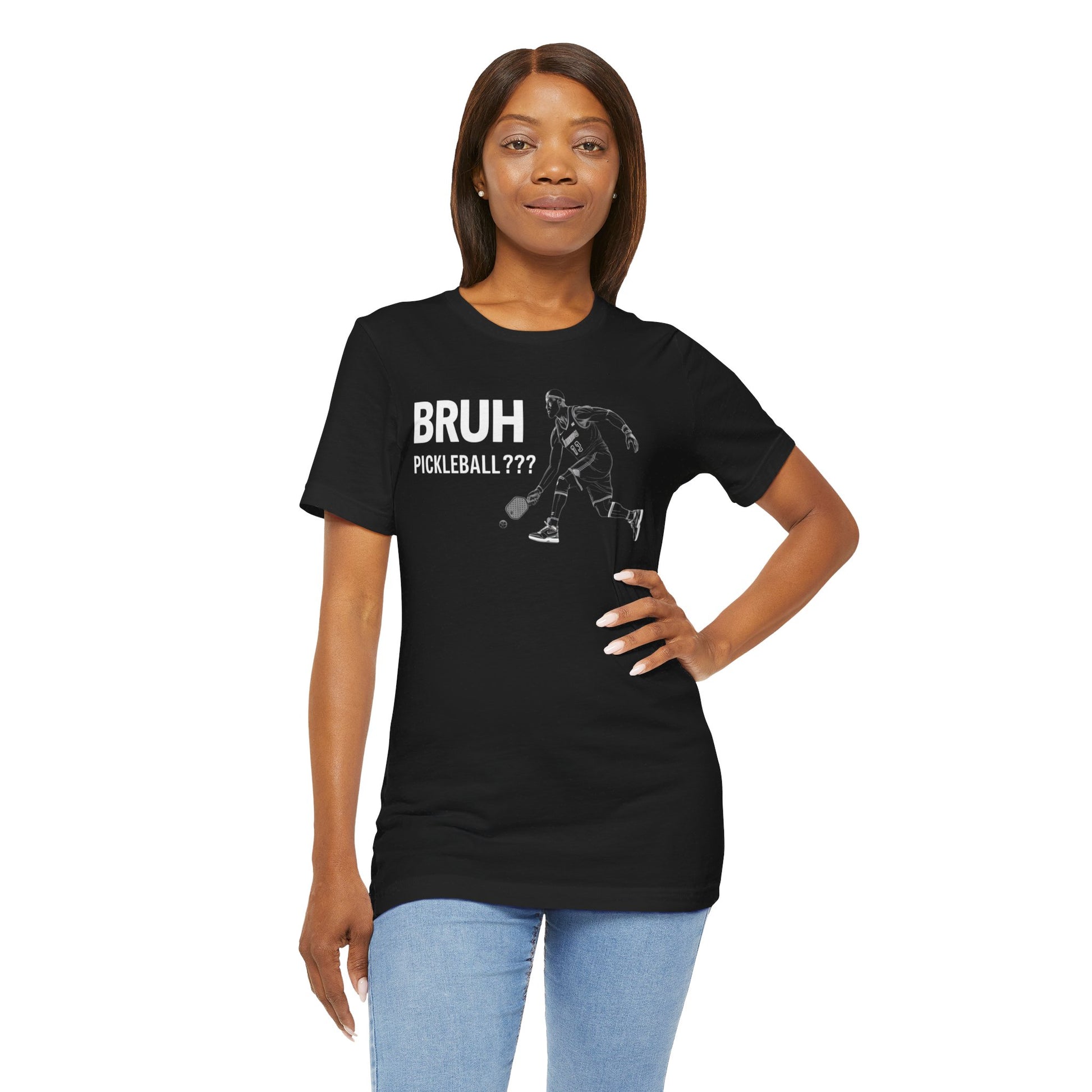 T-Shirts featuring the text "Bruh, Pickleball???" with a fun design of athletes playing pickleball.