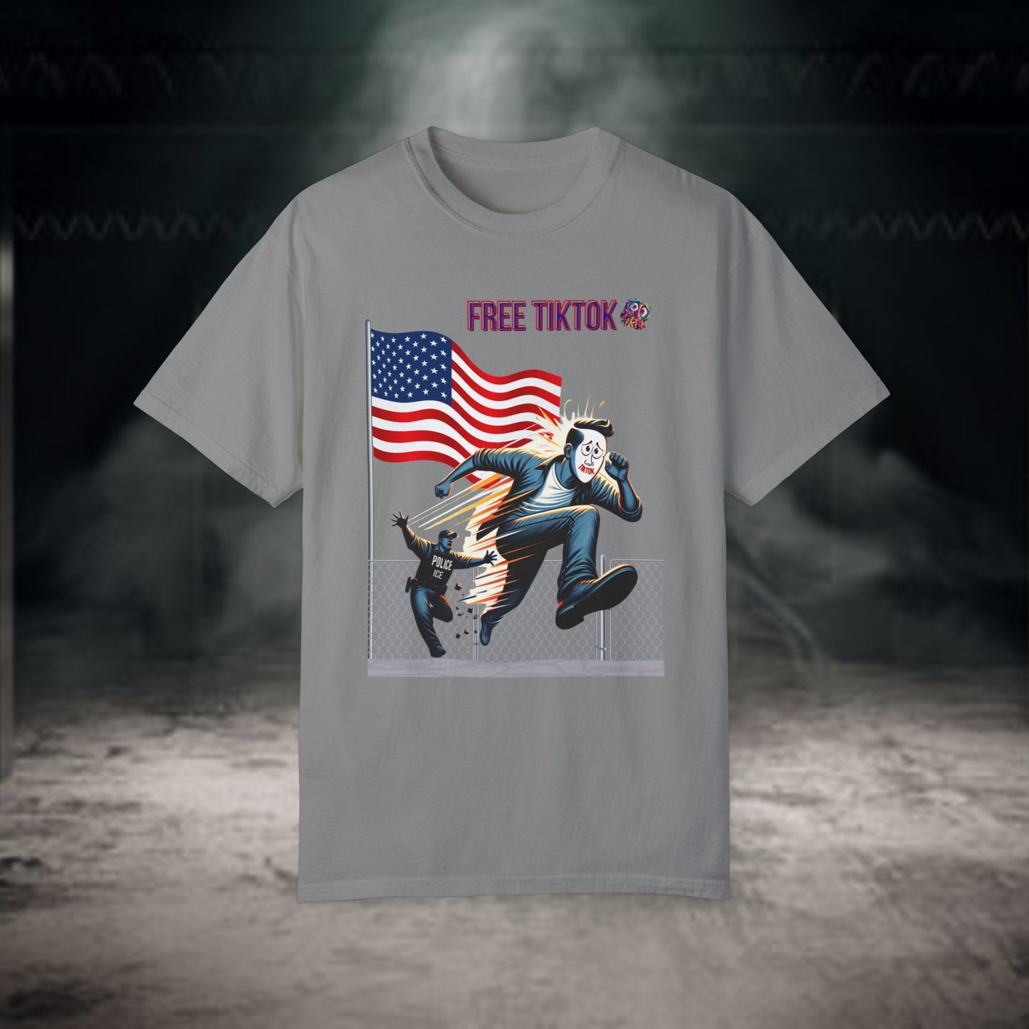 Rebellious "Free TikTok" vintage graphic tee featuring a masked figure escaping over a fence with the American flag in the background, perfect for making a bold and humorous statement with style.