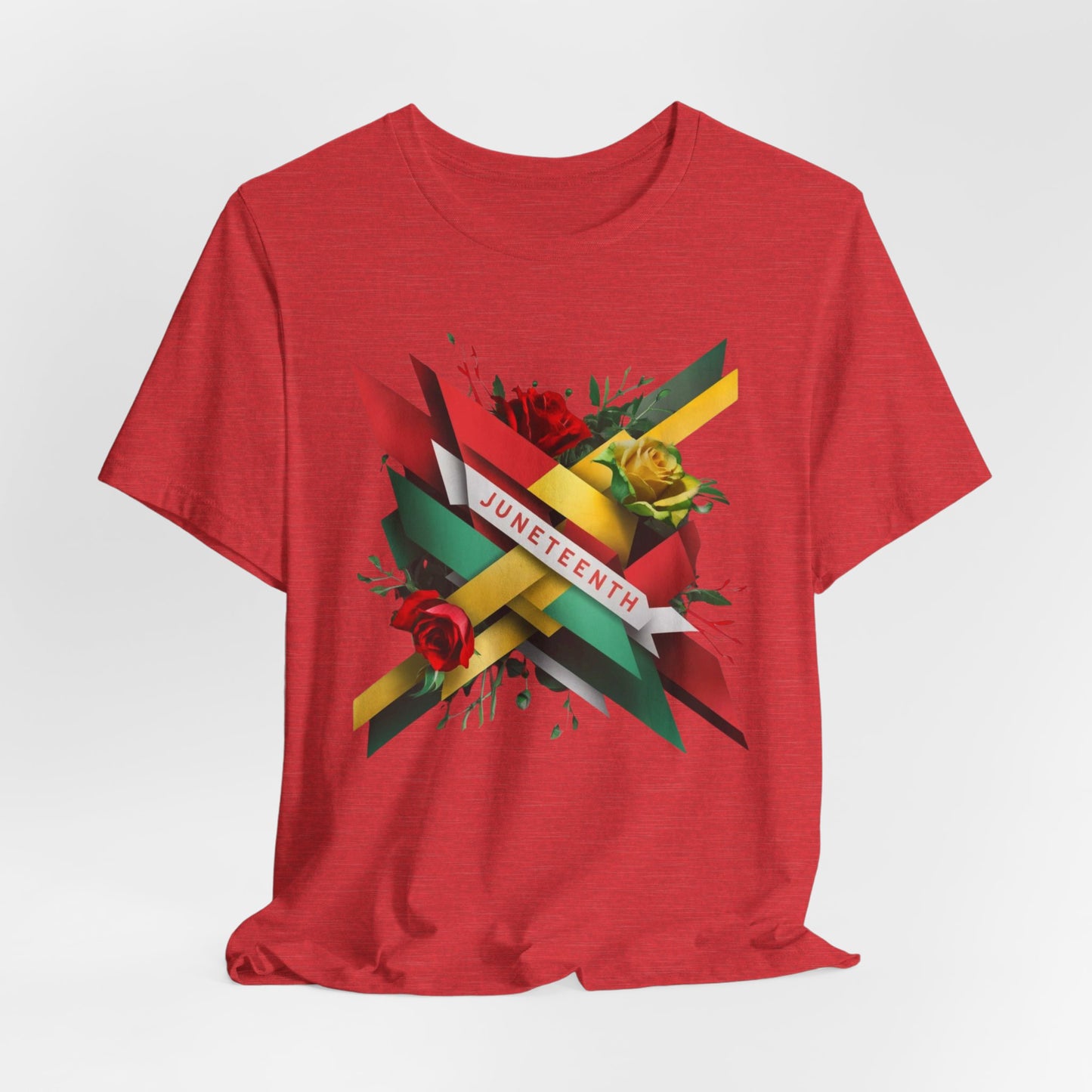 Vibrant Juneteenth Designed Shirt featuring a dynamic flag pattern with bold colors and blooming roses, perfect for celebrating freedom and Black history.