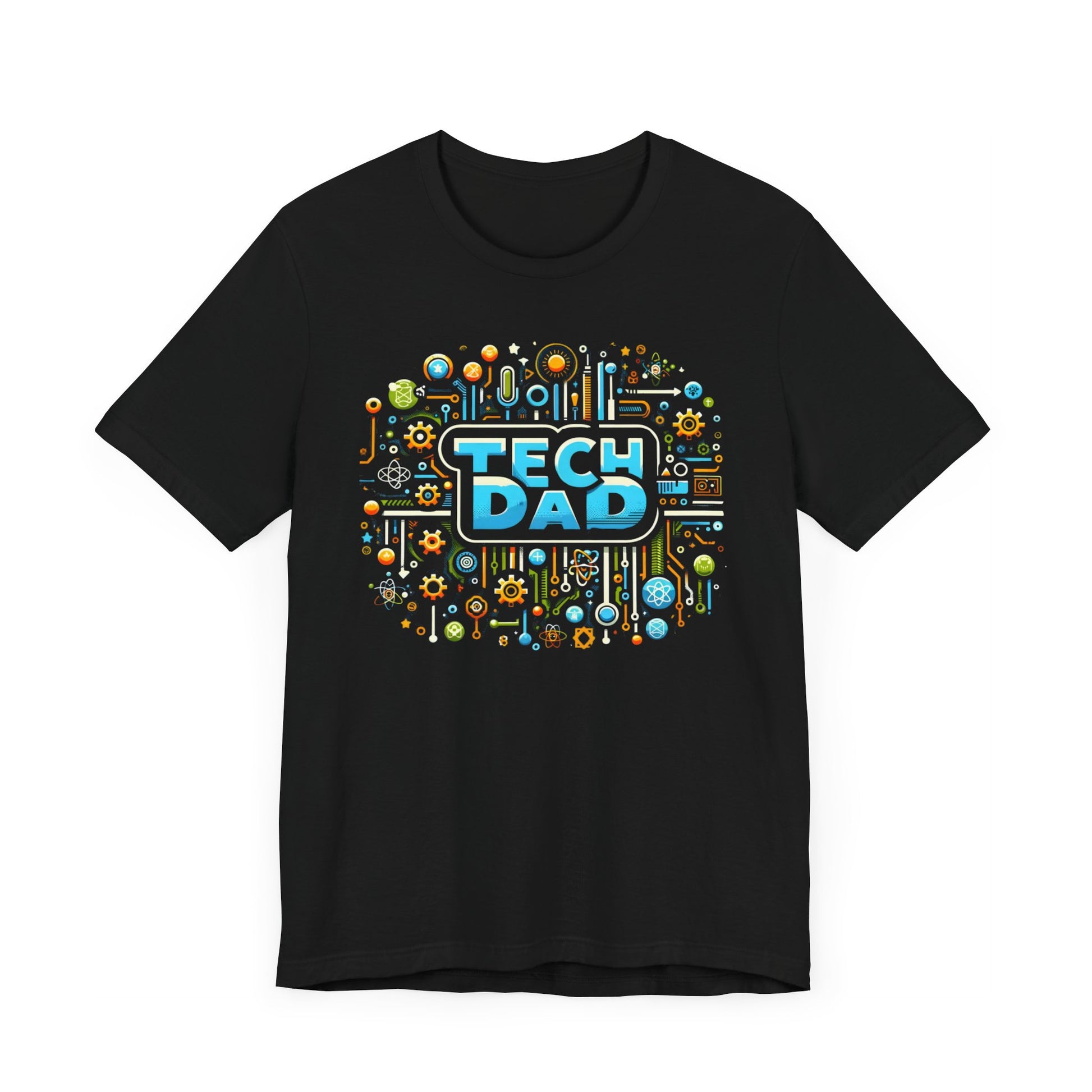 T-shirt with a bold 'Tech Dad' design, featuring a vibrant circuit board graphic, perfect for tech-savvy dads.