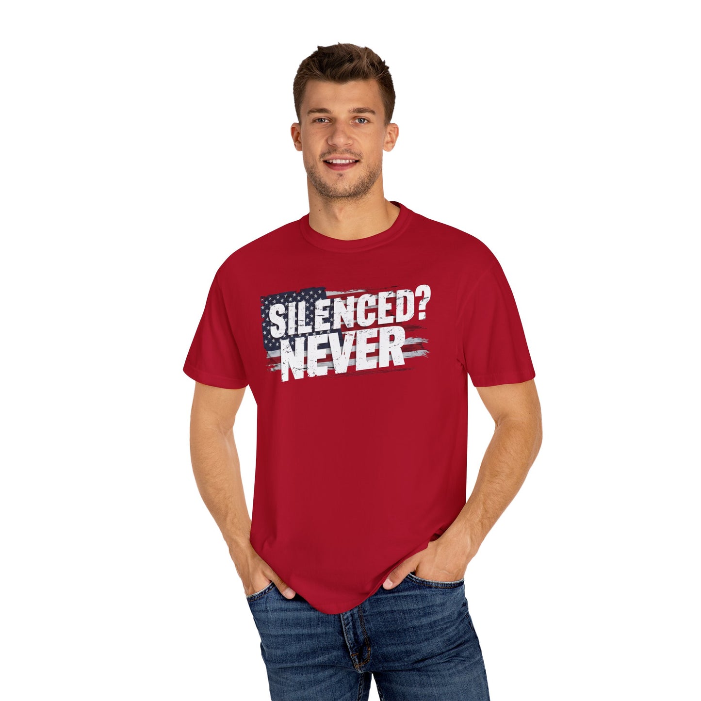 Silenced? Never. Patriotic T-Shirt with Vintage American Flag Design