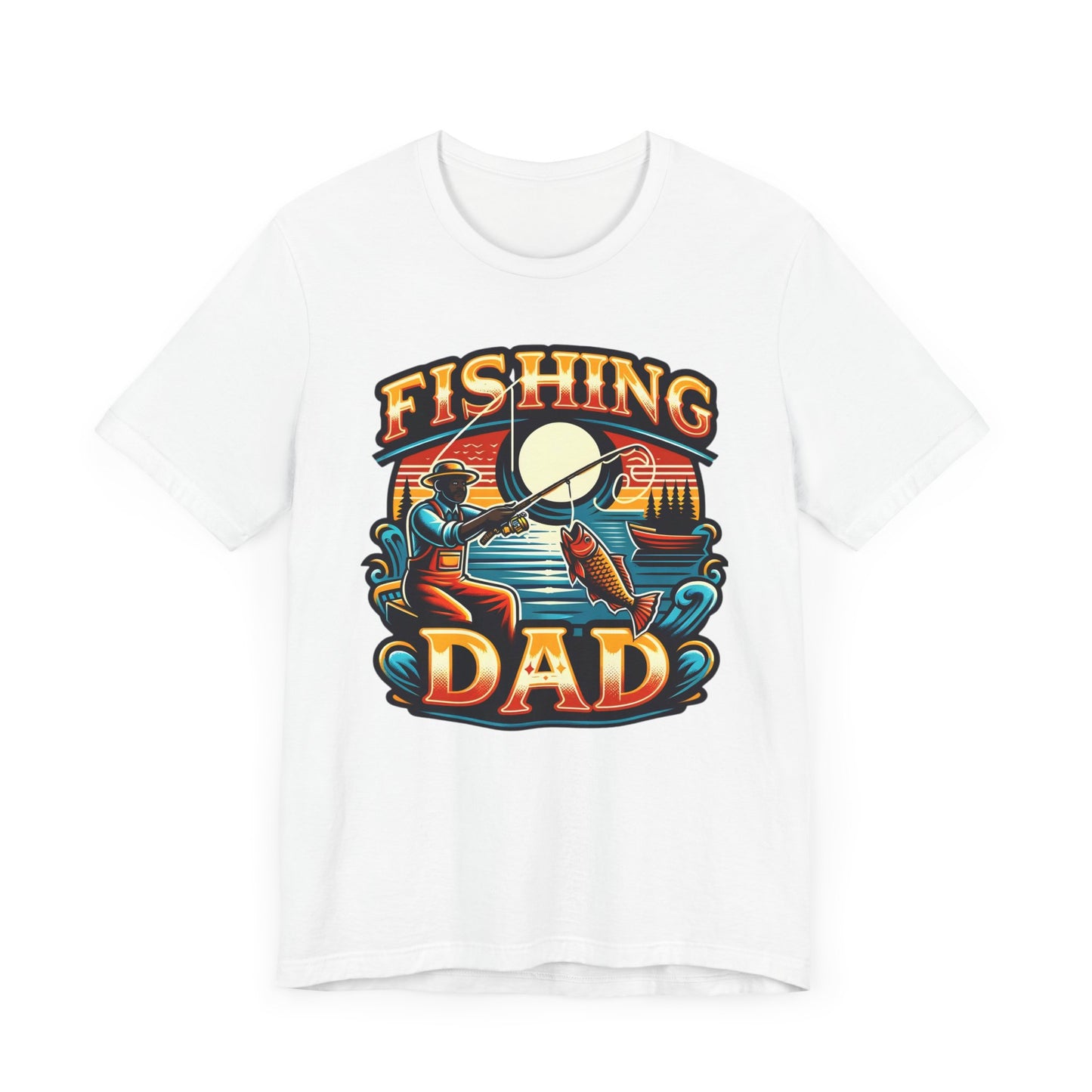 GOAT Dad Fishing T-Shirt featuring a silhouette of a dad fishing with the text 'GOAT' and a colorful fish design, perfect gift for dads who love fishing.