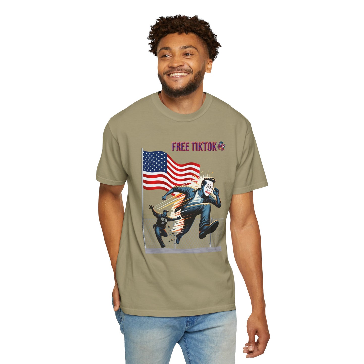 Rebellious "Free TikTok" vintage graphic tee featuring a masked figure escaping over a fence with the American flag in the background, perfect for making a bold and humorous statement with style.