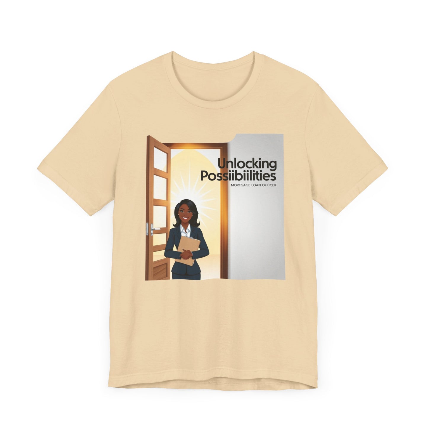 Unlocking Possibilities t-shirt with a motivational design, perfect for mortgage loan officers and real estate professionals.