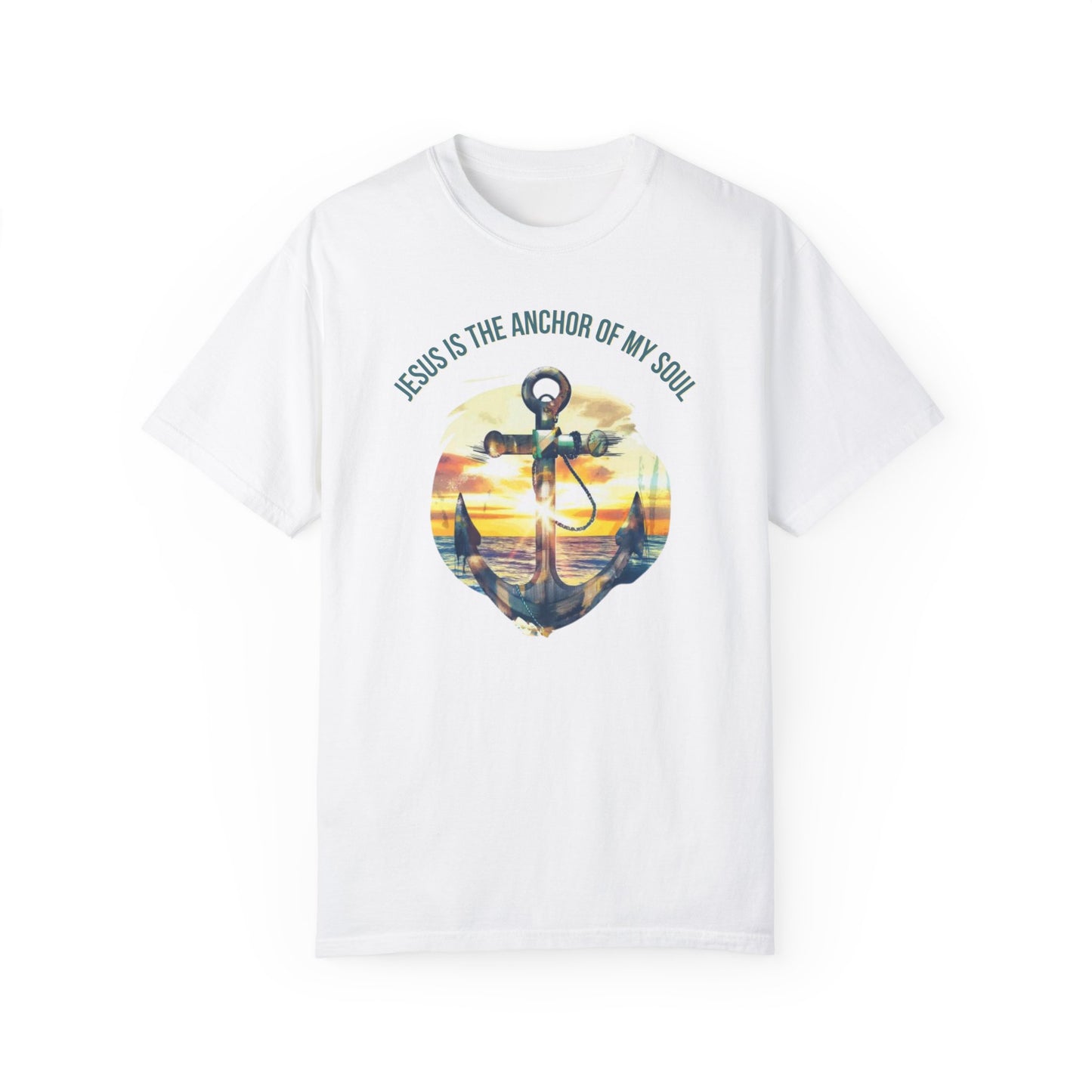 Inspirational "Jesus is the Anchor of My Soul" Christian graphic tee featuring an anchor design set against a serene sunset, perfect for expressing faith and spirituality with a vintage touch.