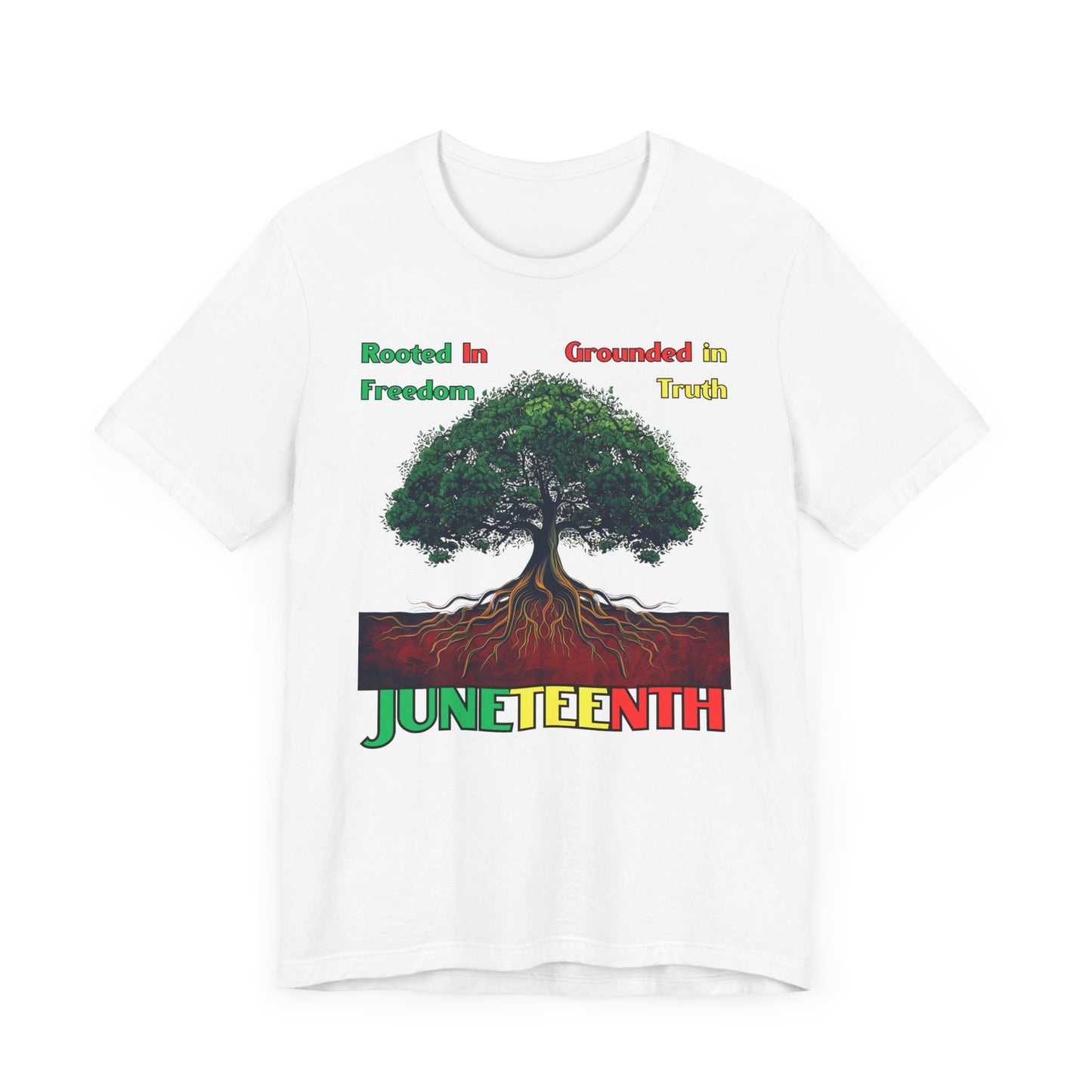 Empowering 'Rooted in Freedom' Juneteenth shirt featuring a majestic tree with roots symbolizing strength and resilience, perfect for celebrating heritage and Black history.