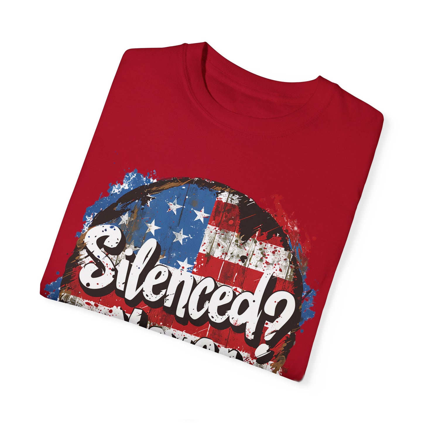 Silenced? Never. Patriotic T-Shirt with Vintage American Flag Design