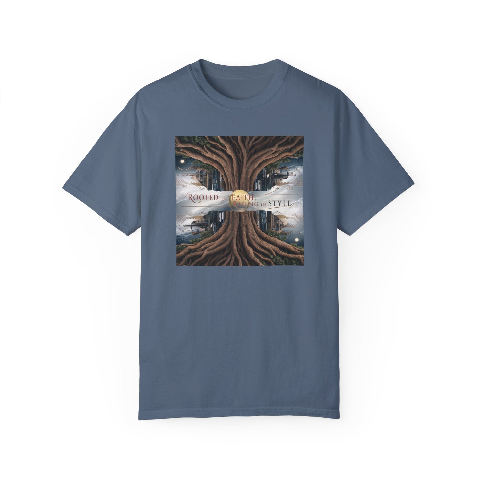 Inspirational "Rooted in Faith" Christian graphic tee featuring a stunning vintage tree design with the message "Rooted in Faith, Growing in Style," perfect for expressing faith and spirituality with a stylish touch.