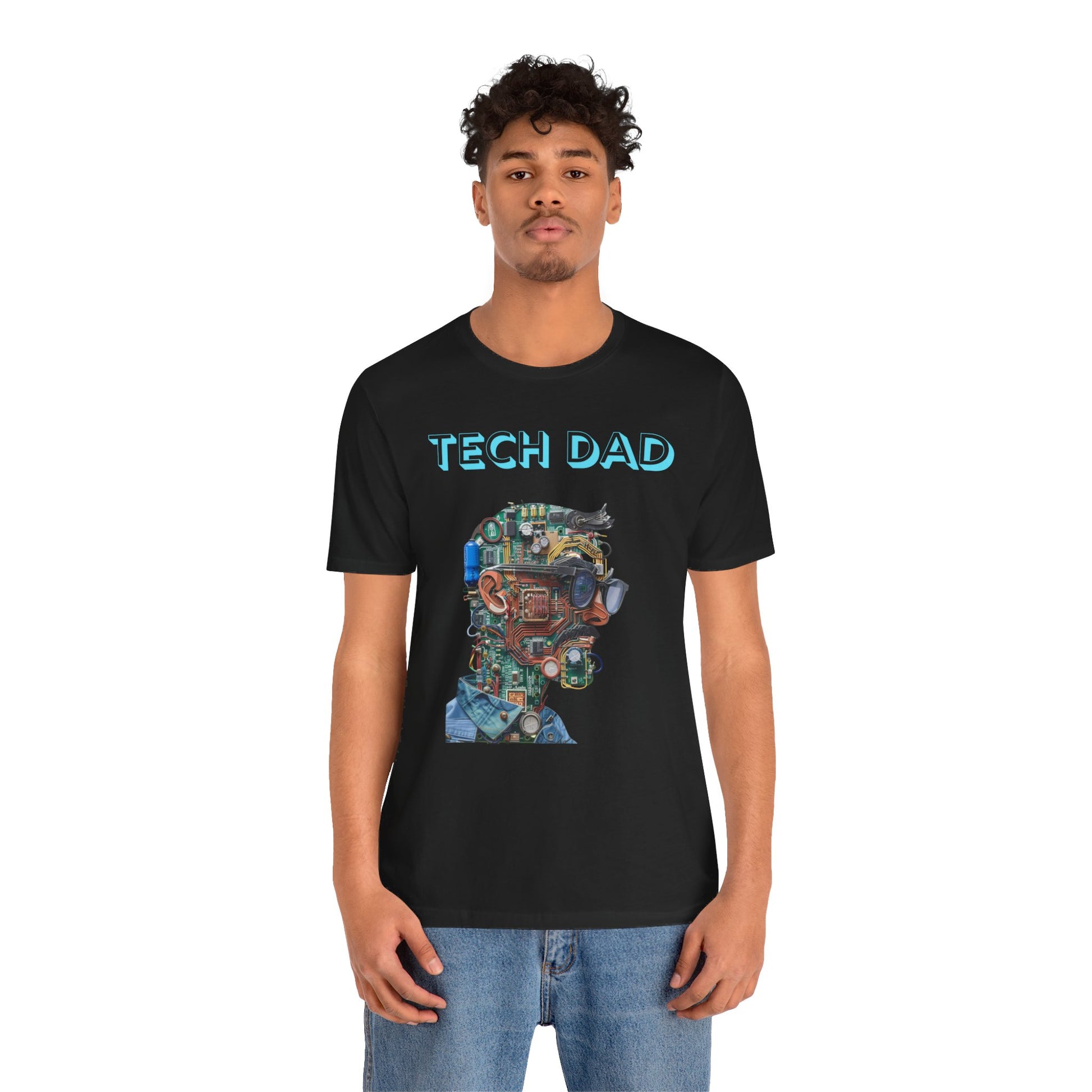 T-shirt with a bold 'Tech Dad' design, featuring a vibrant circuit board graphic, perfect for tech-savvy dads.