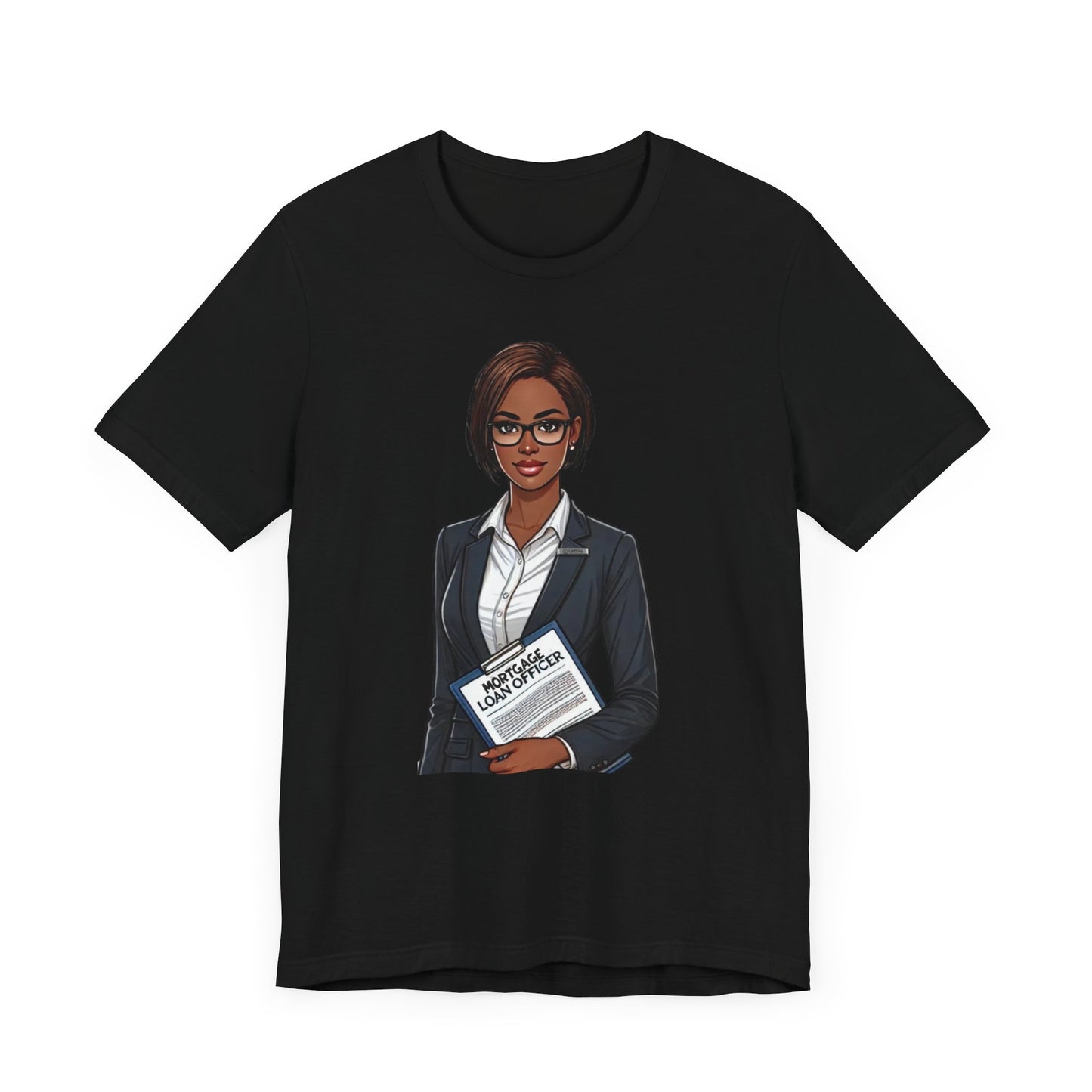 Mortgage Loan Officer gift t-shirt featuring a professional illustration of a loan officer holding documents.