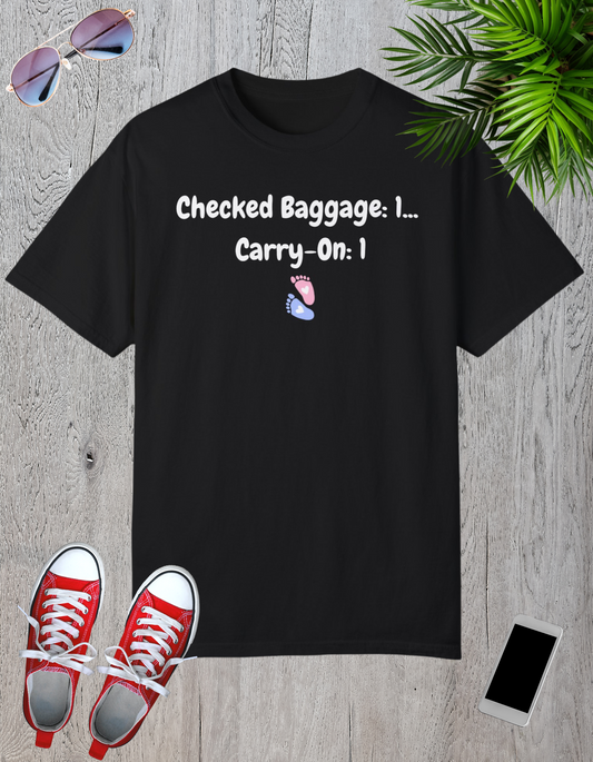 Black t-shirt featuring a playful design with the text "Checked Baggage: 1... Carry-On: 1" and tiny baby footprints.