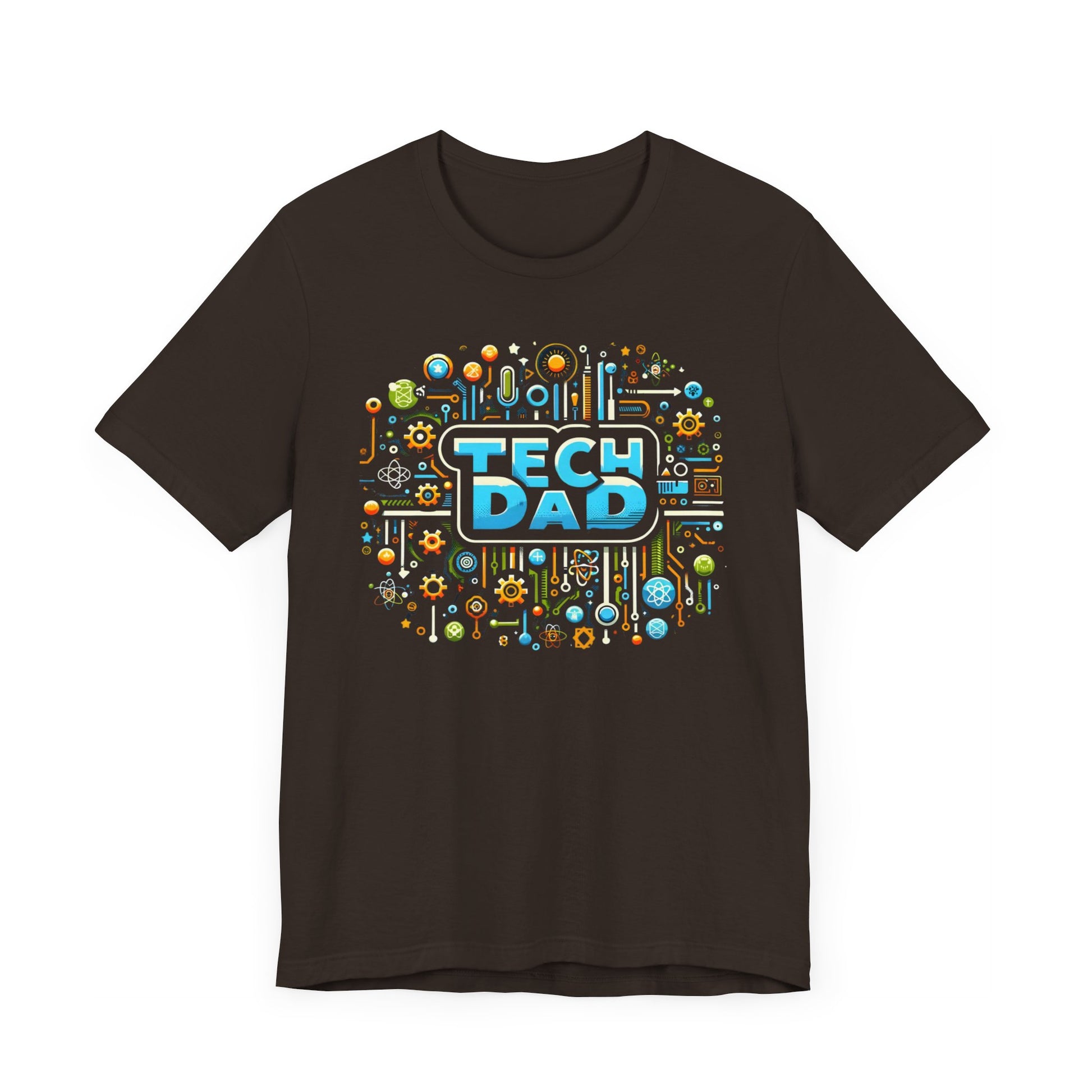 T-shirt with a bold 'Tech Dad' design, featuring a vibrant circuit board graphic, perfect for tech-savvy dads.