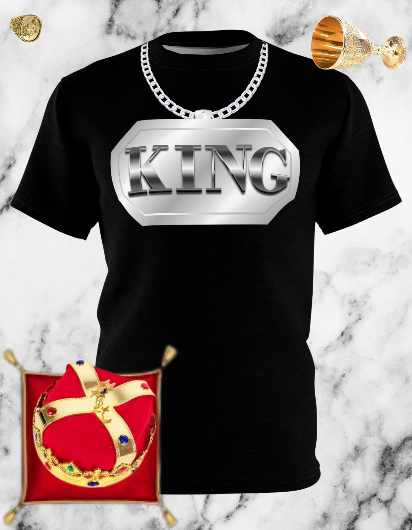 Black t-shirt featuring a bold "King" graphic with a chain design, creating a powerful and stylish look.